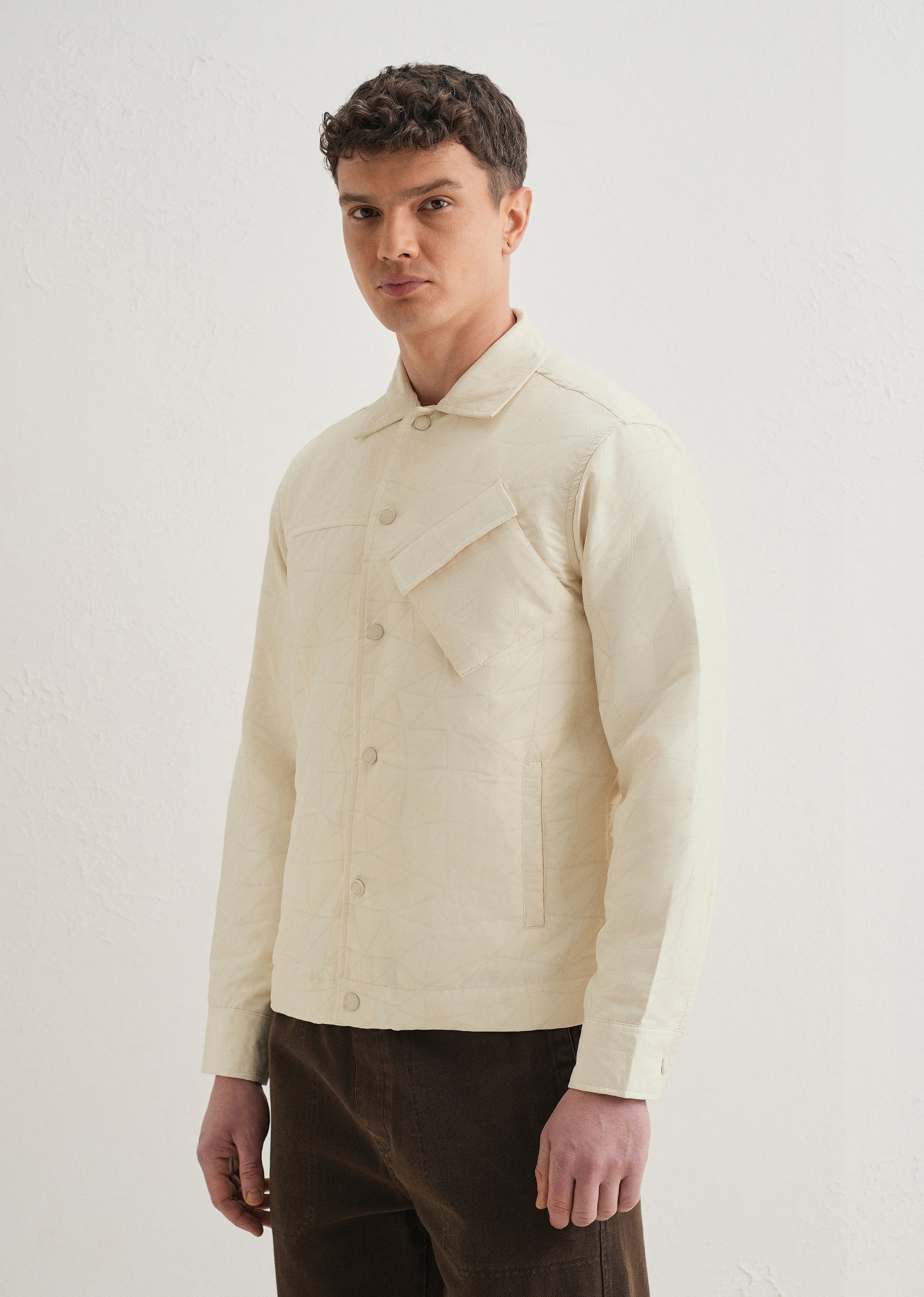 Ecru Cross Pocket Self Pattern Shacket