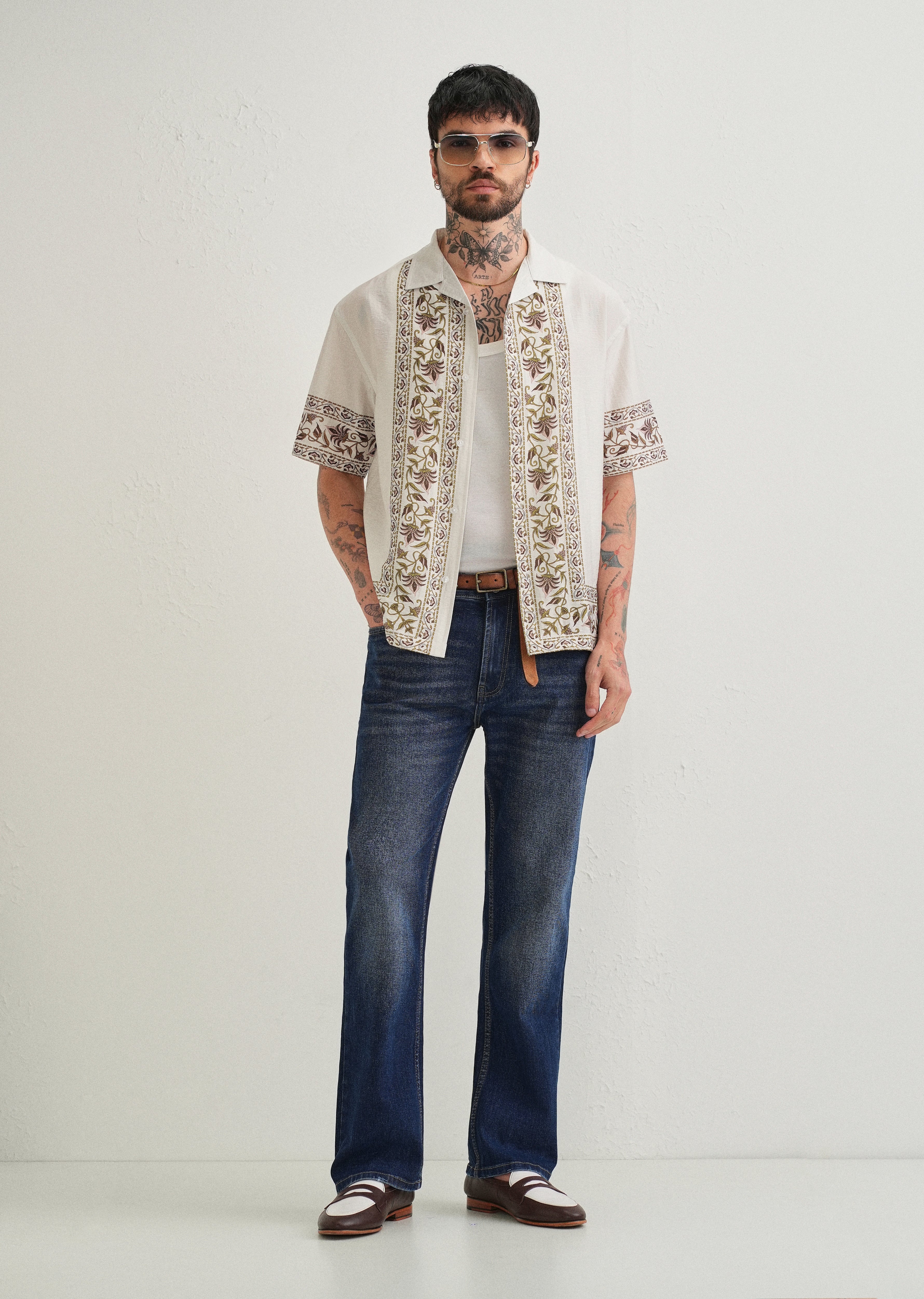 Ecru Floral Panel Printed Shirt