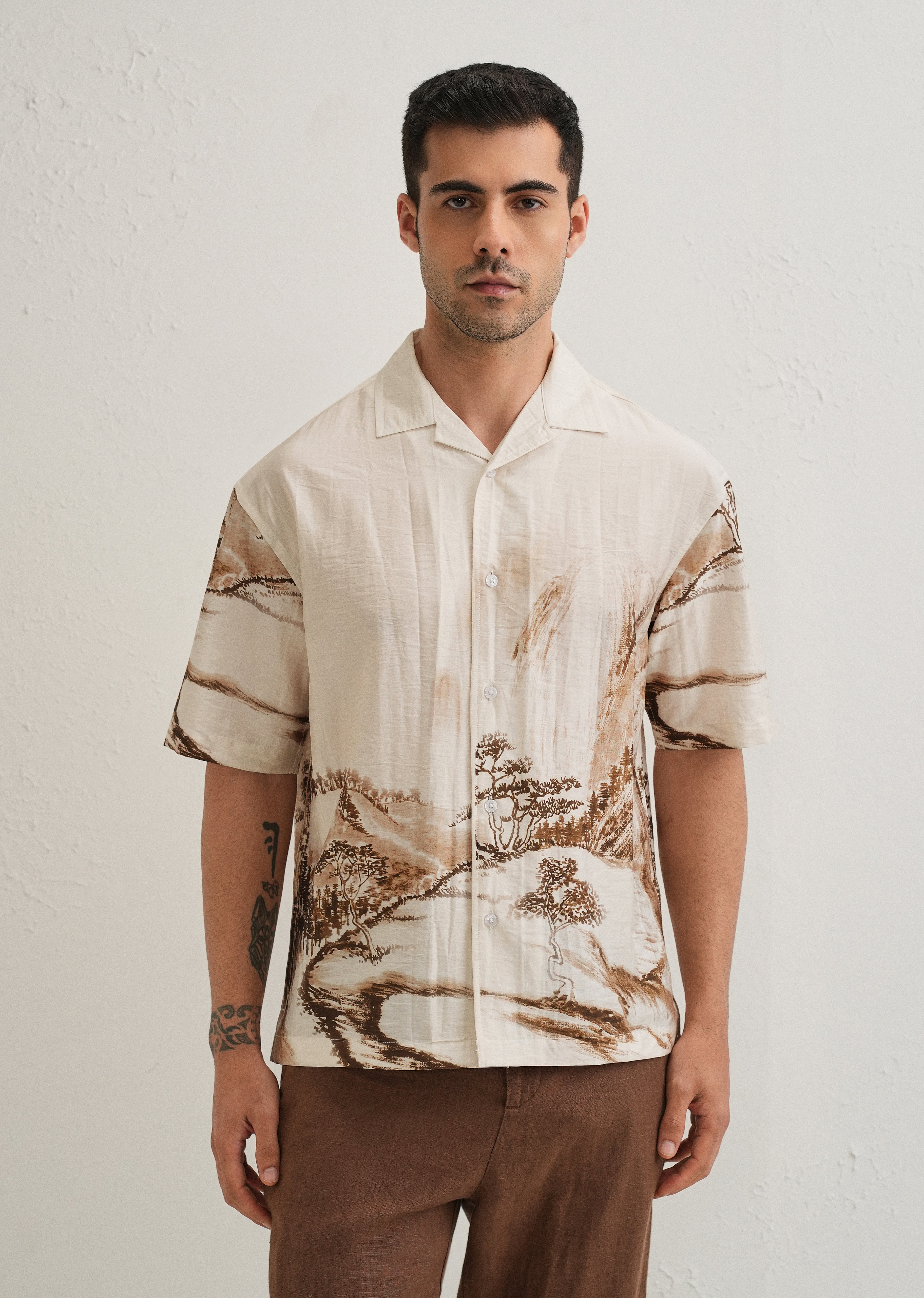 Ecru Ink Wash Placement Print Shirt