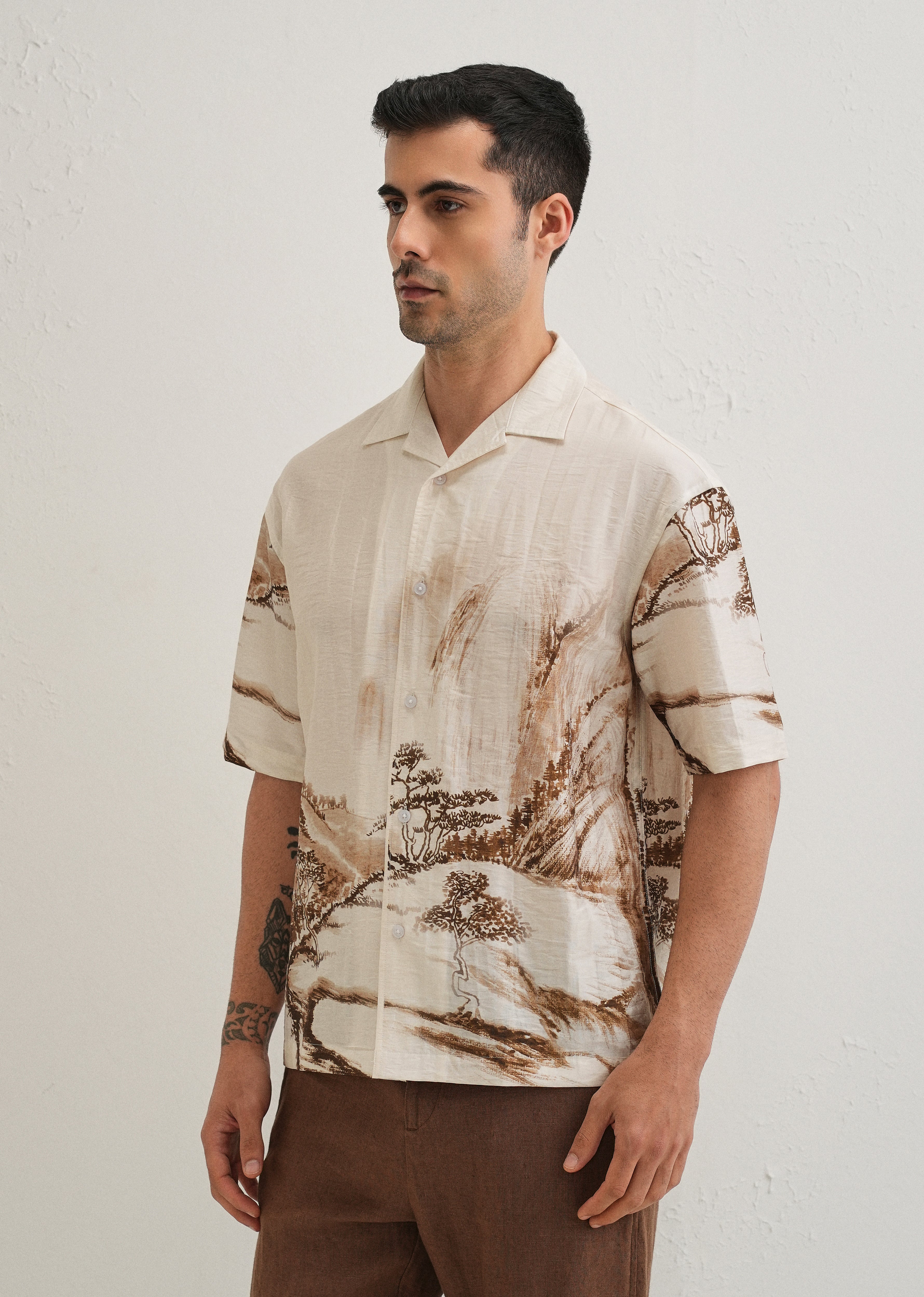 Ecru Ink Wash Placement Print Shirt