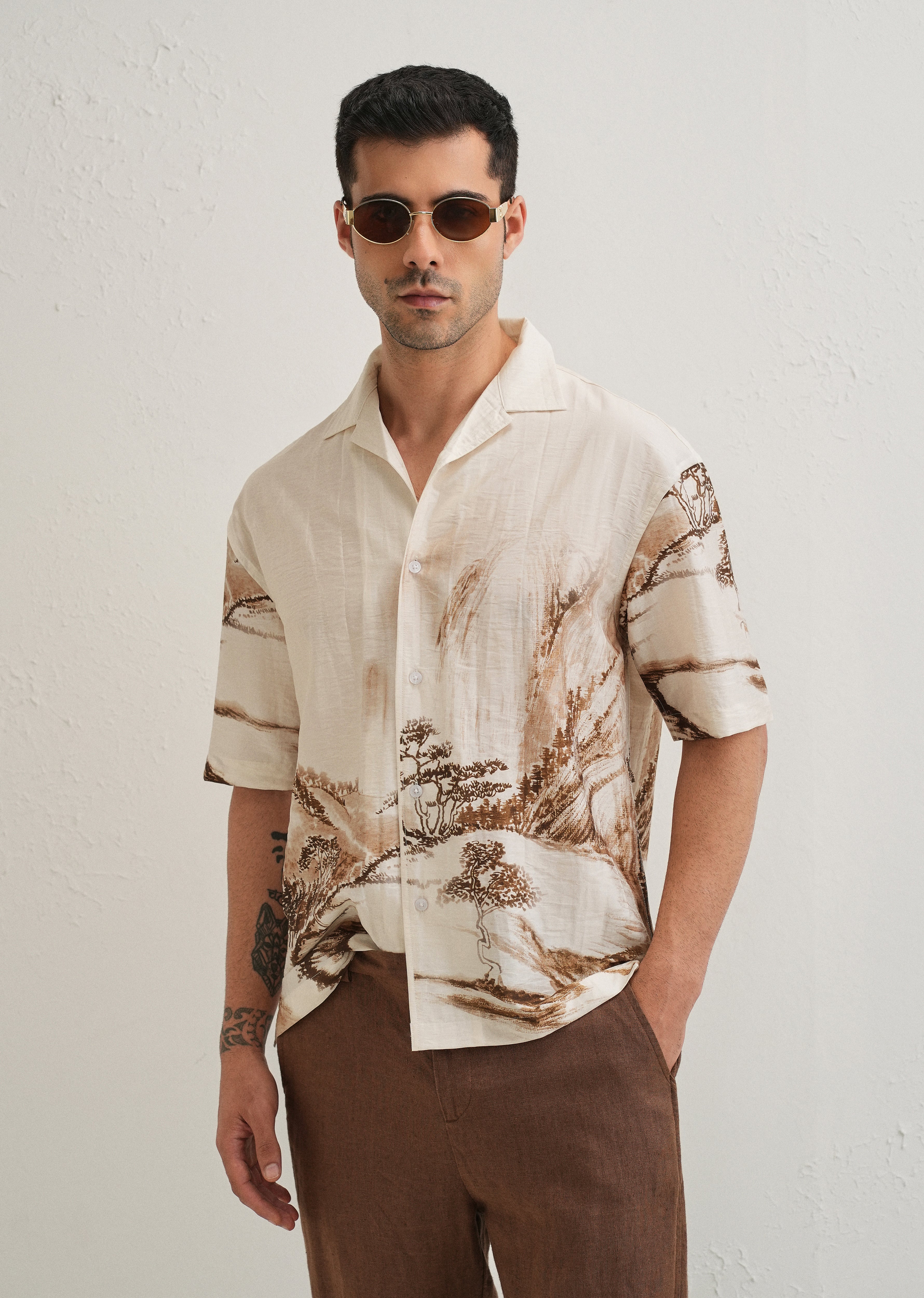 Ecru Ink Wash Placement Print Shirt
