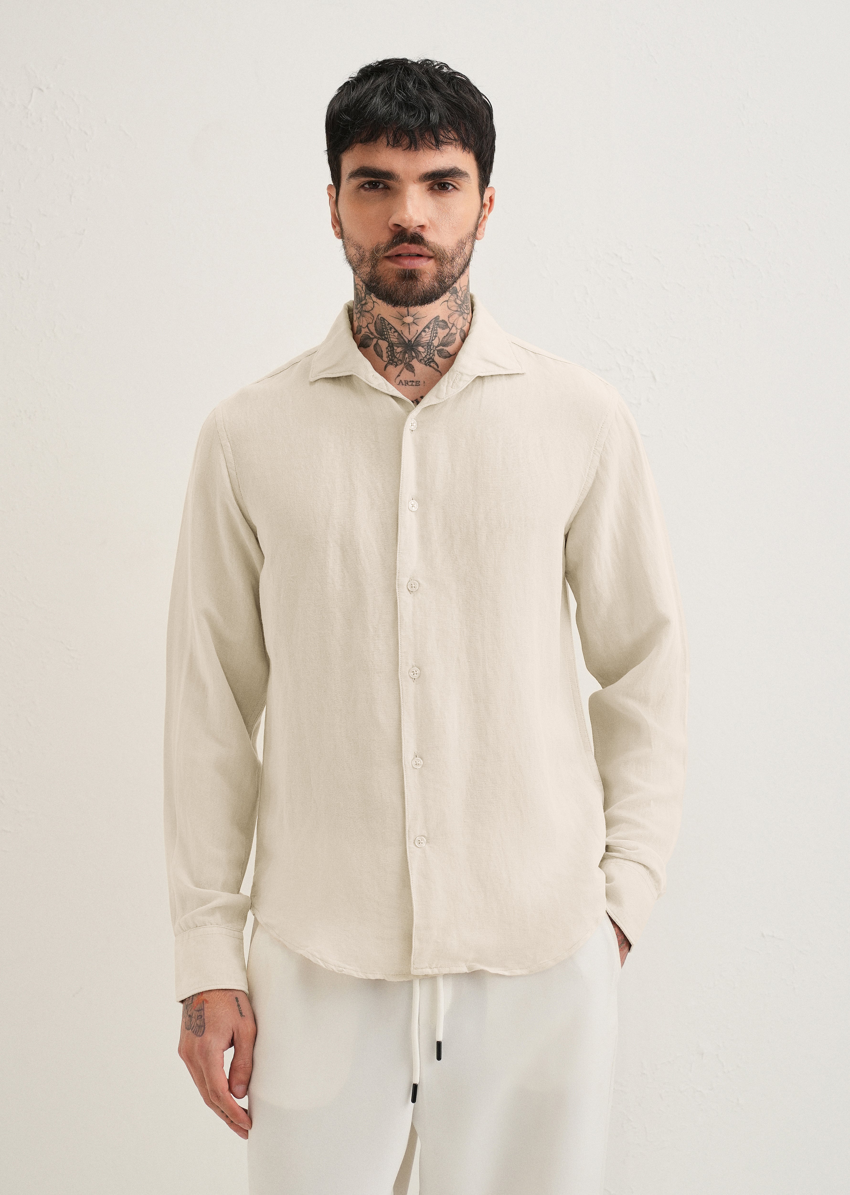 Ecru Plain Linen Viscose Shirt