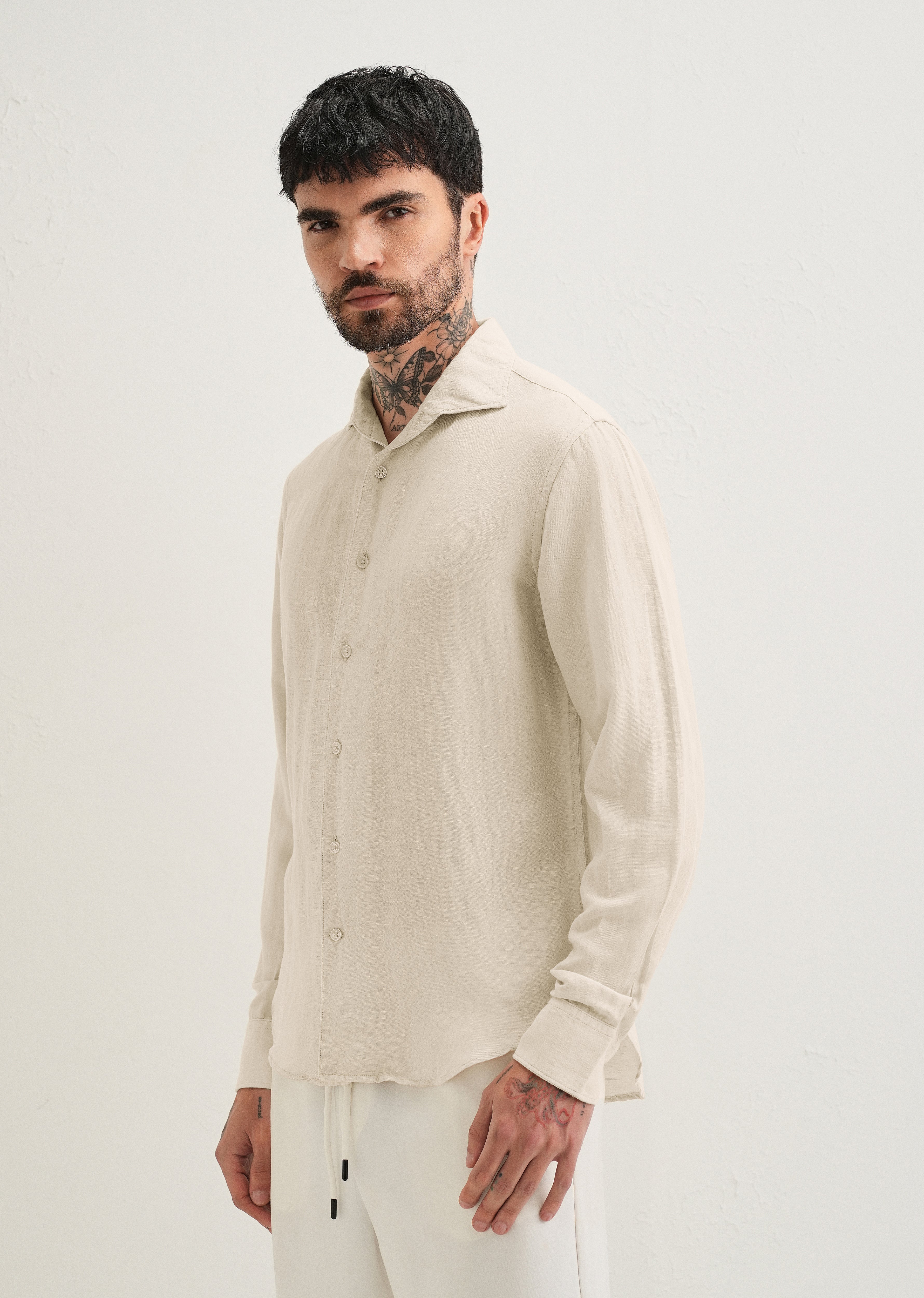 Ecru Plain Linen Viscose Shirt