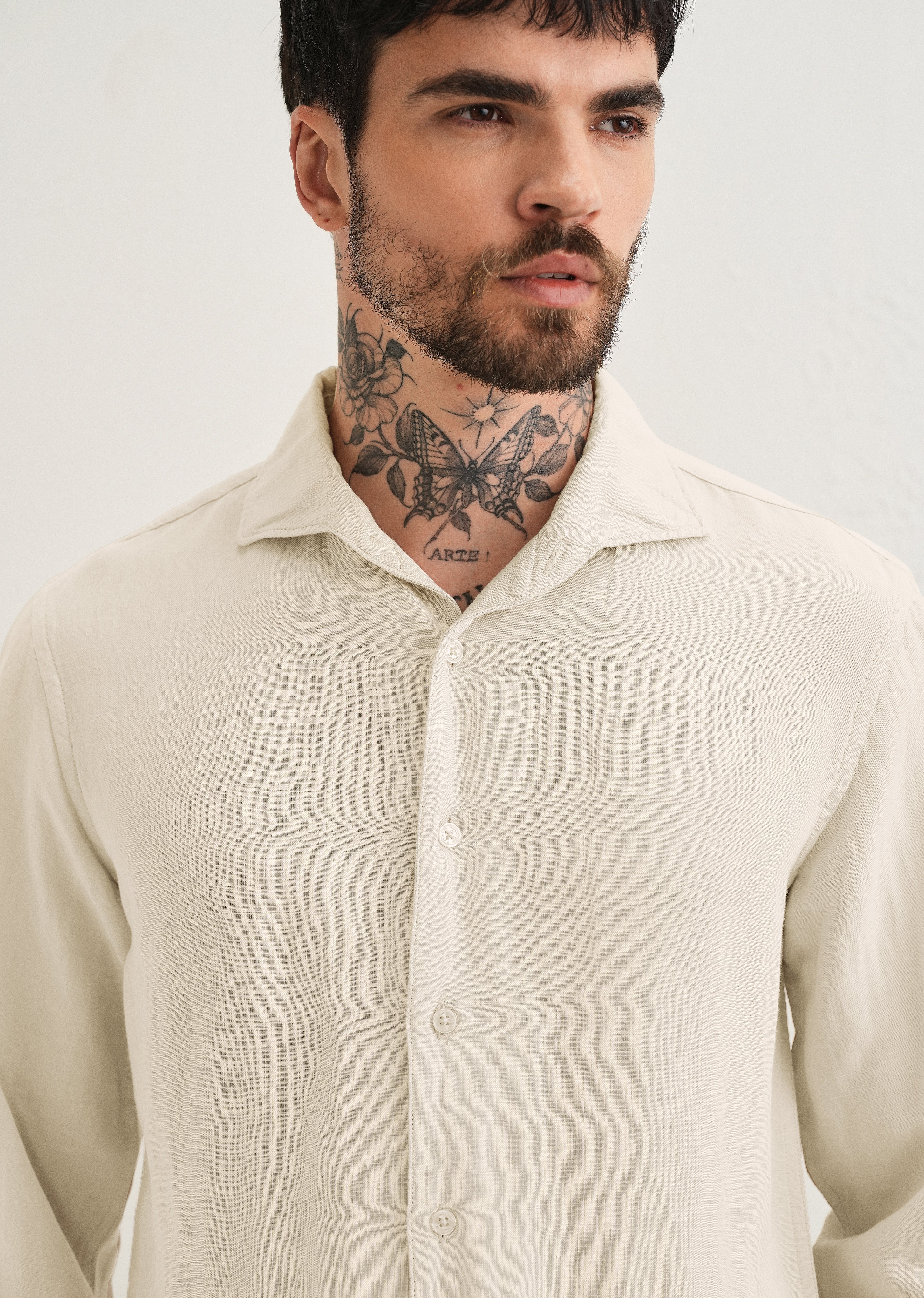 Ecru Plain Linen Viscose Shirt