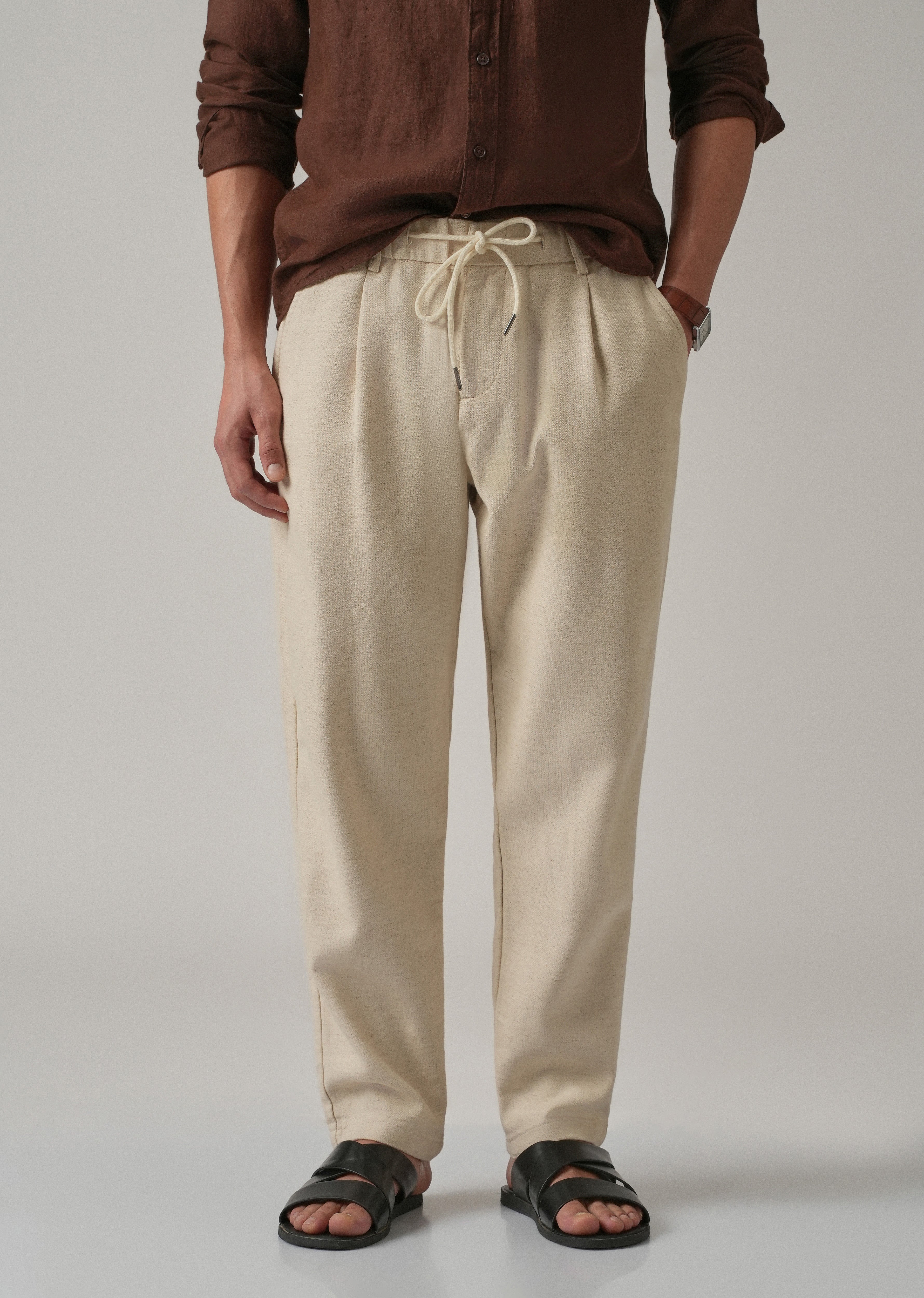 Ecru Beige Blended Linen Pant