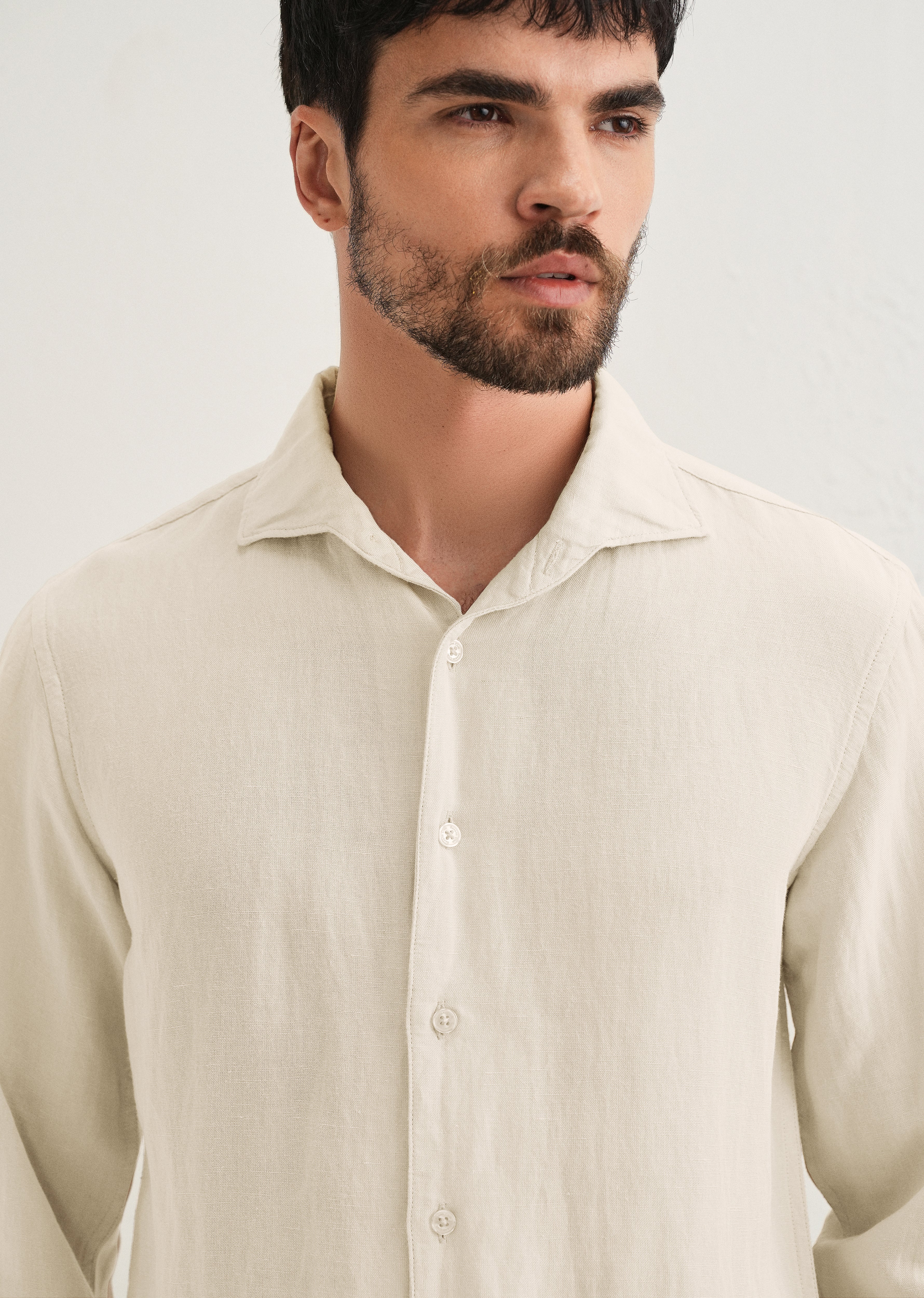 Ecru Plain Linen Viscose Shirt