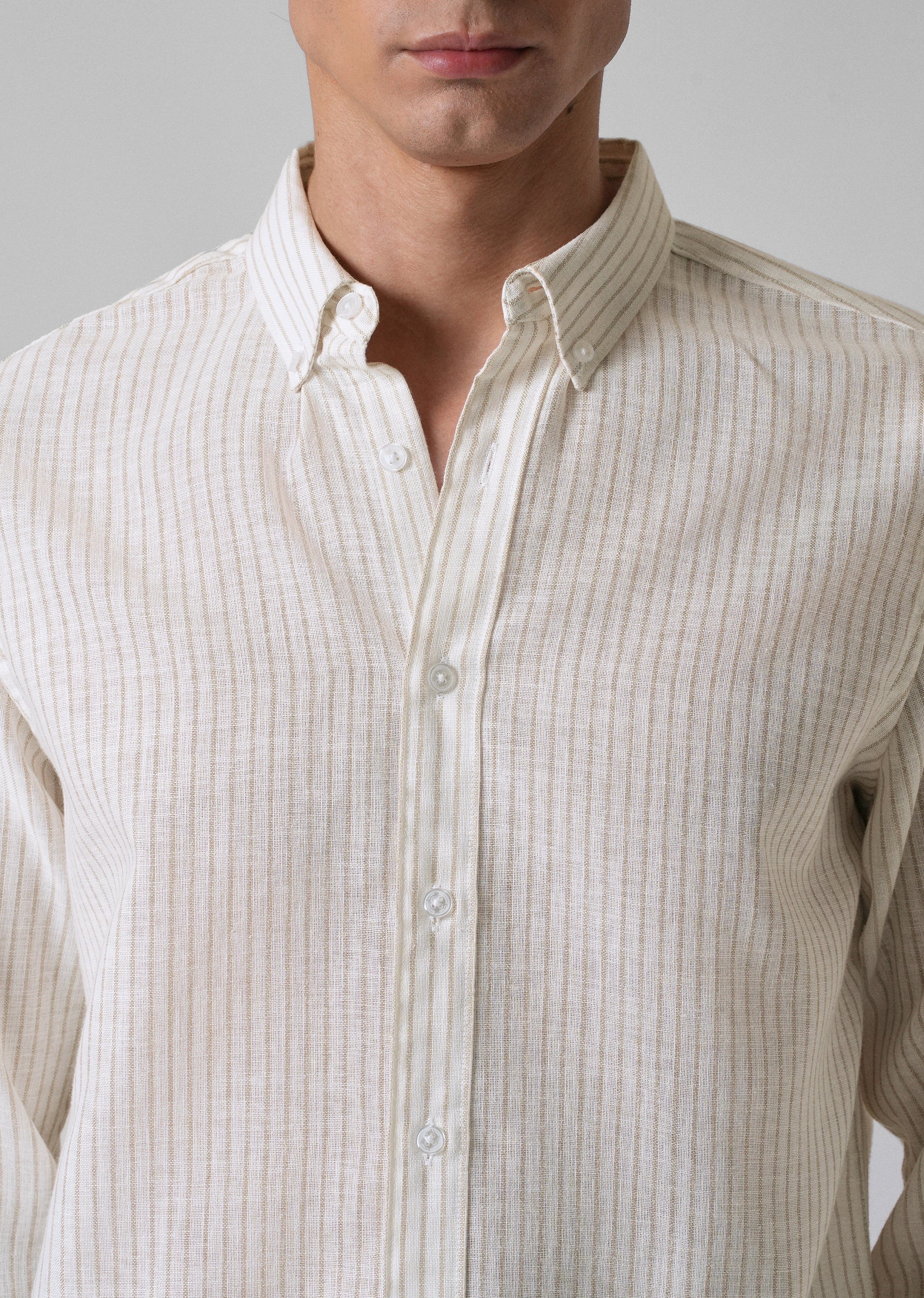 Elegant khaki Stripe Blended Linen shirt