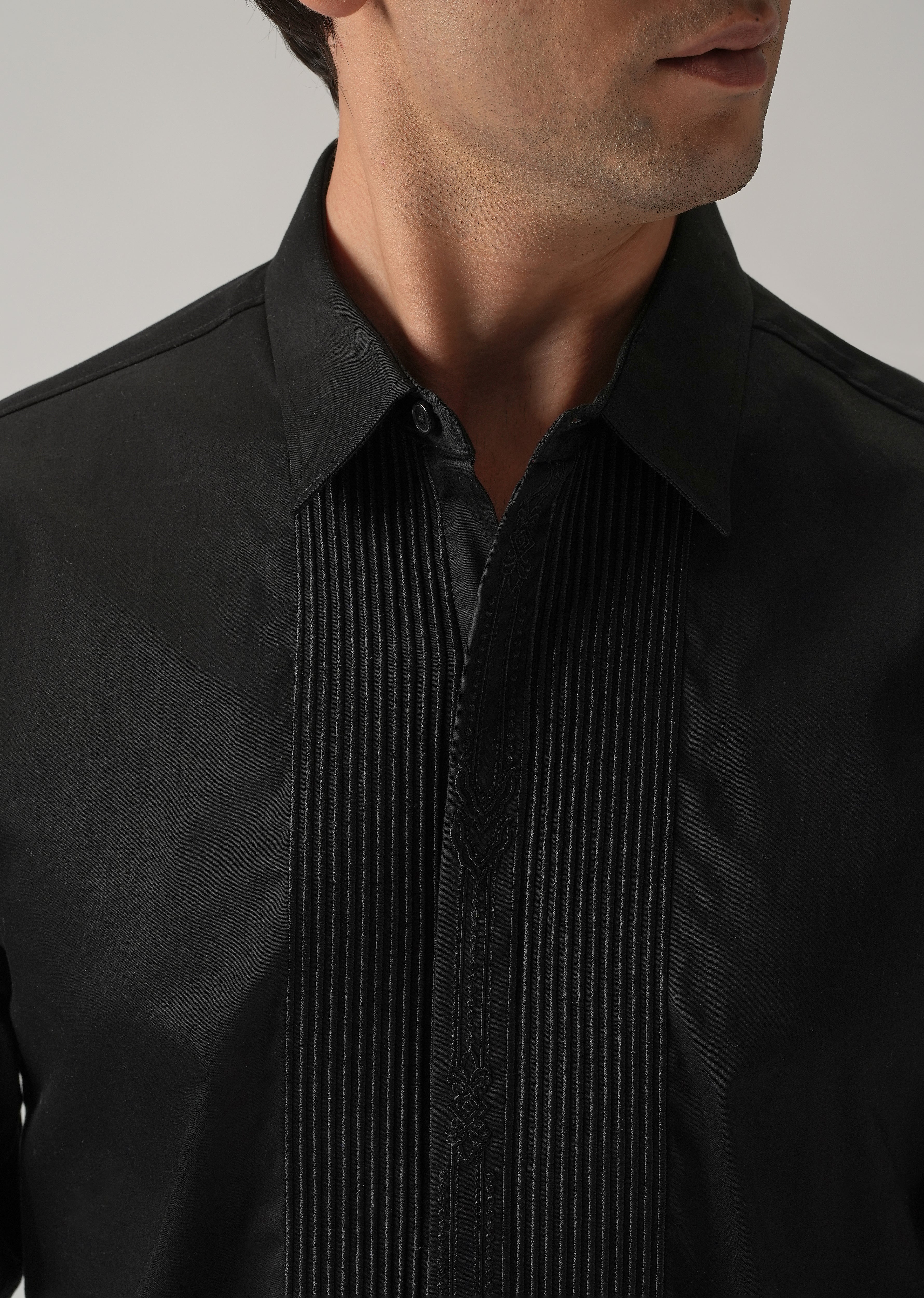 Embroidered Panel Black Designer Shirt