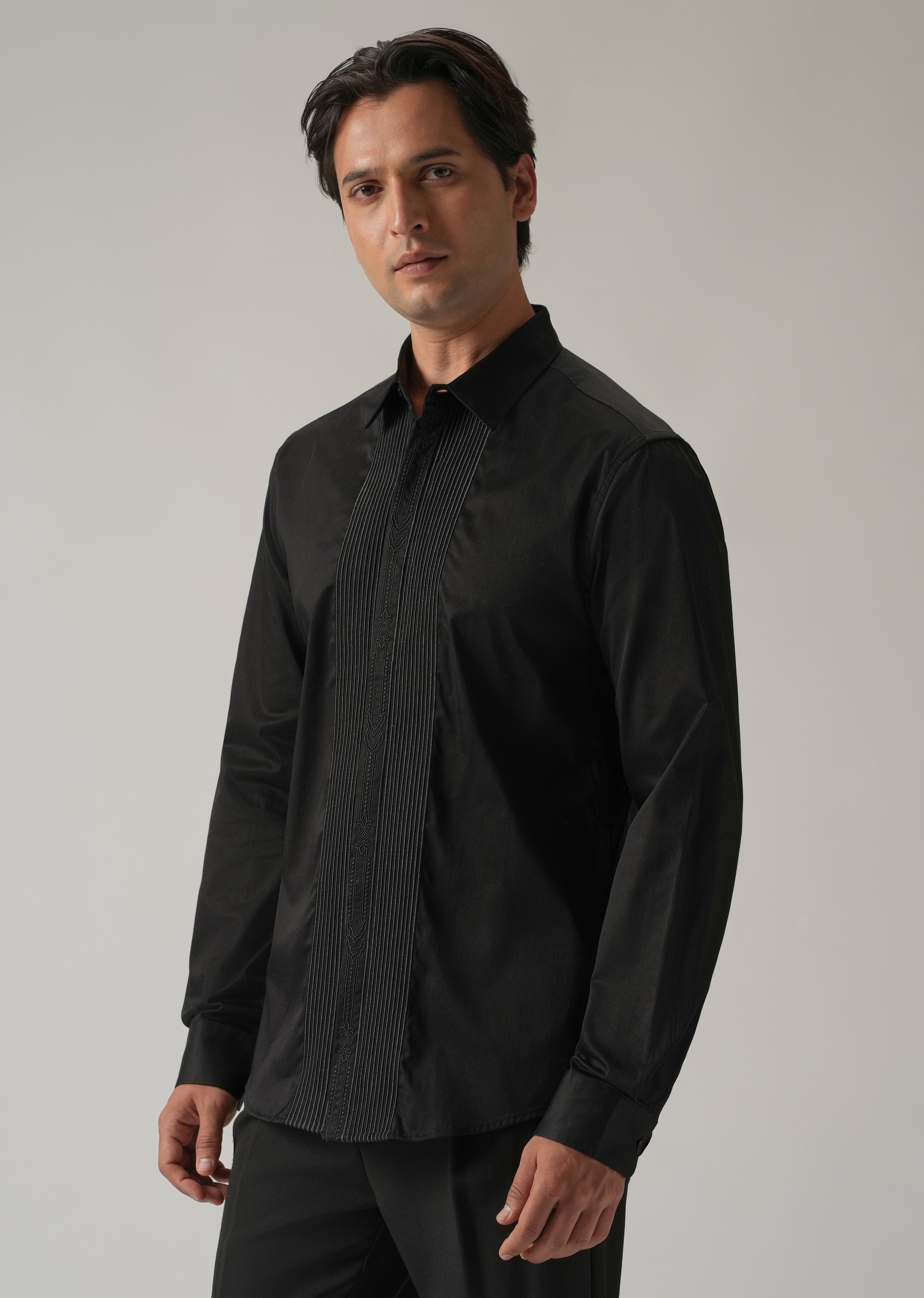 Embroidered Panel Black Designer Shirt
