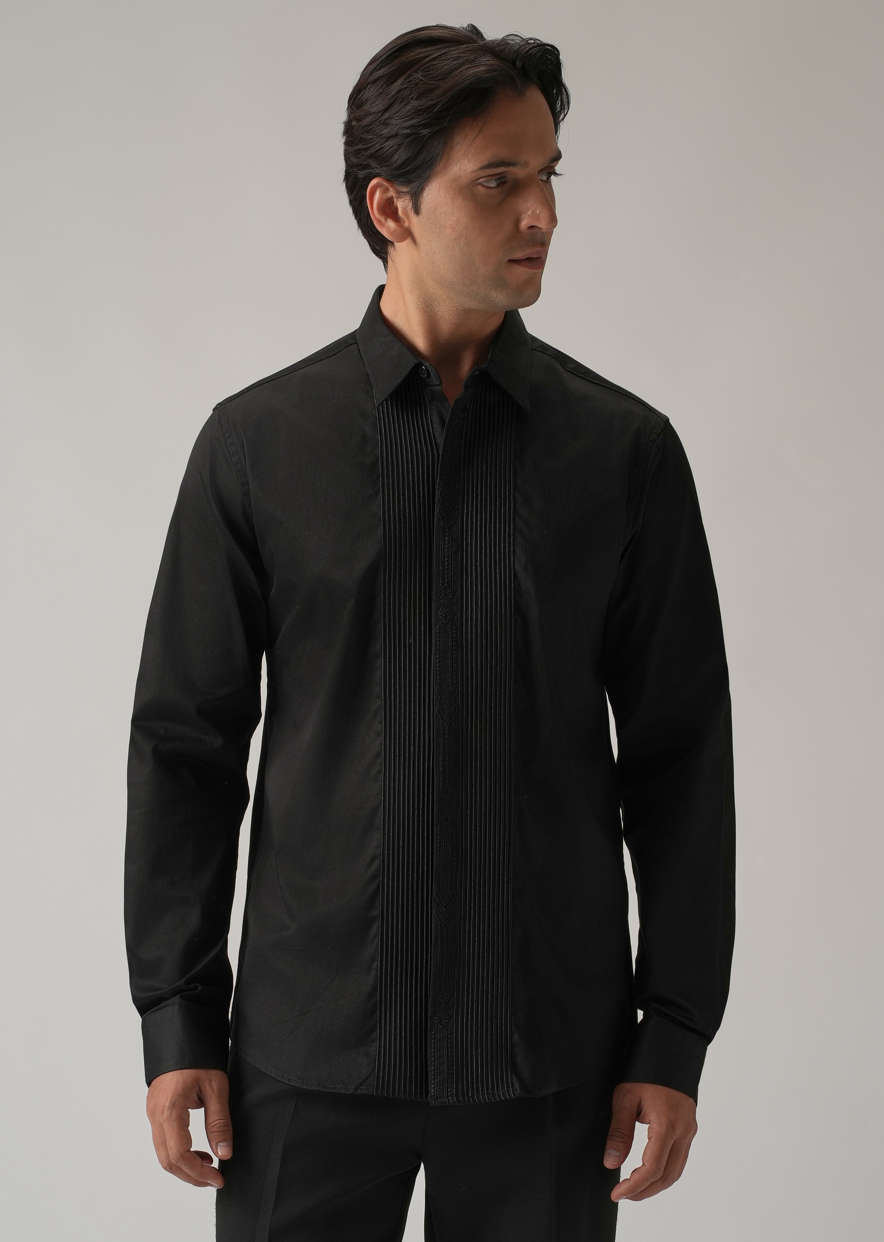 Embroidered Panel Black Designer Shirt