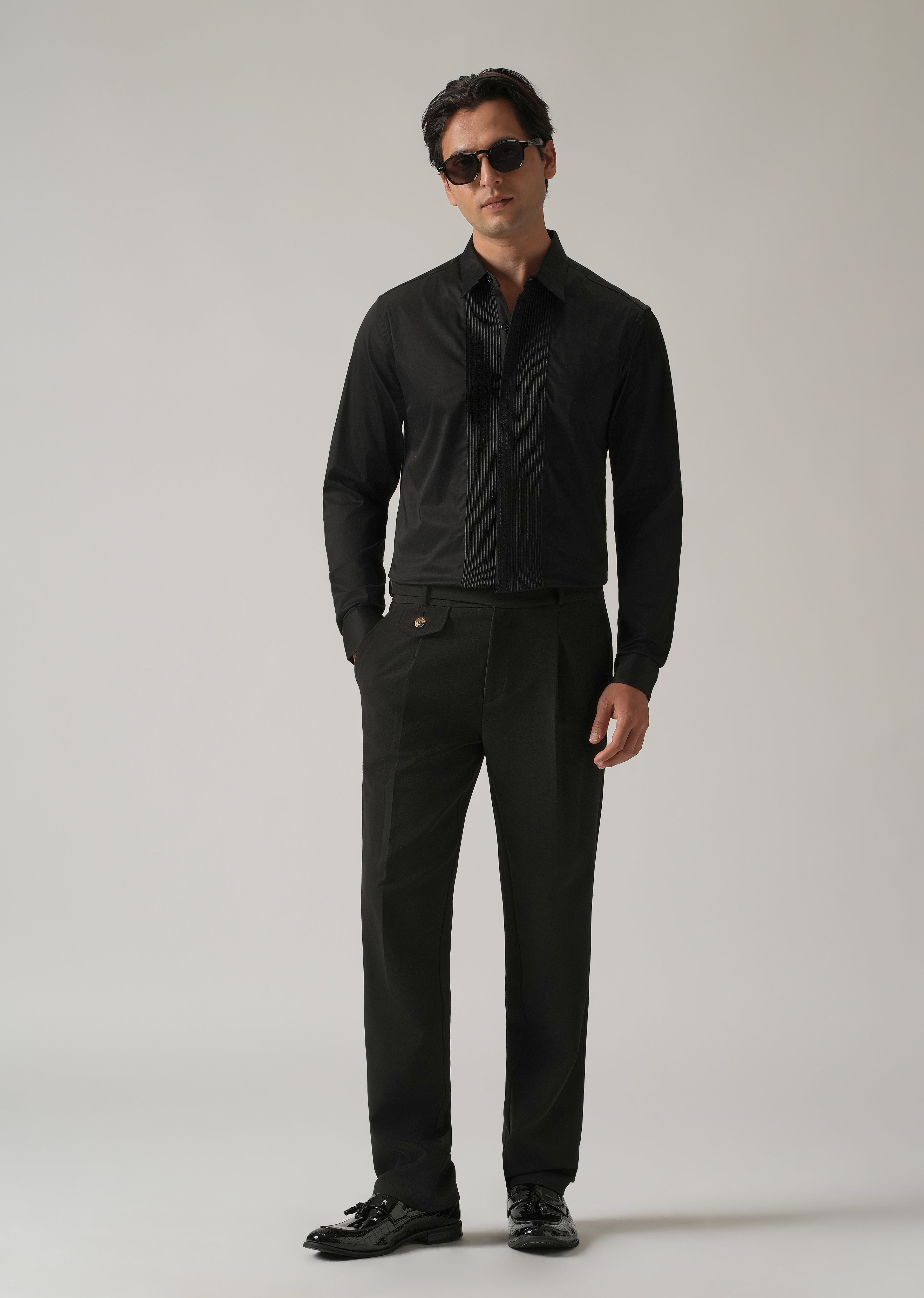 Embroidered Panel Black Designer Shirt