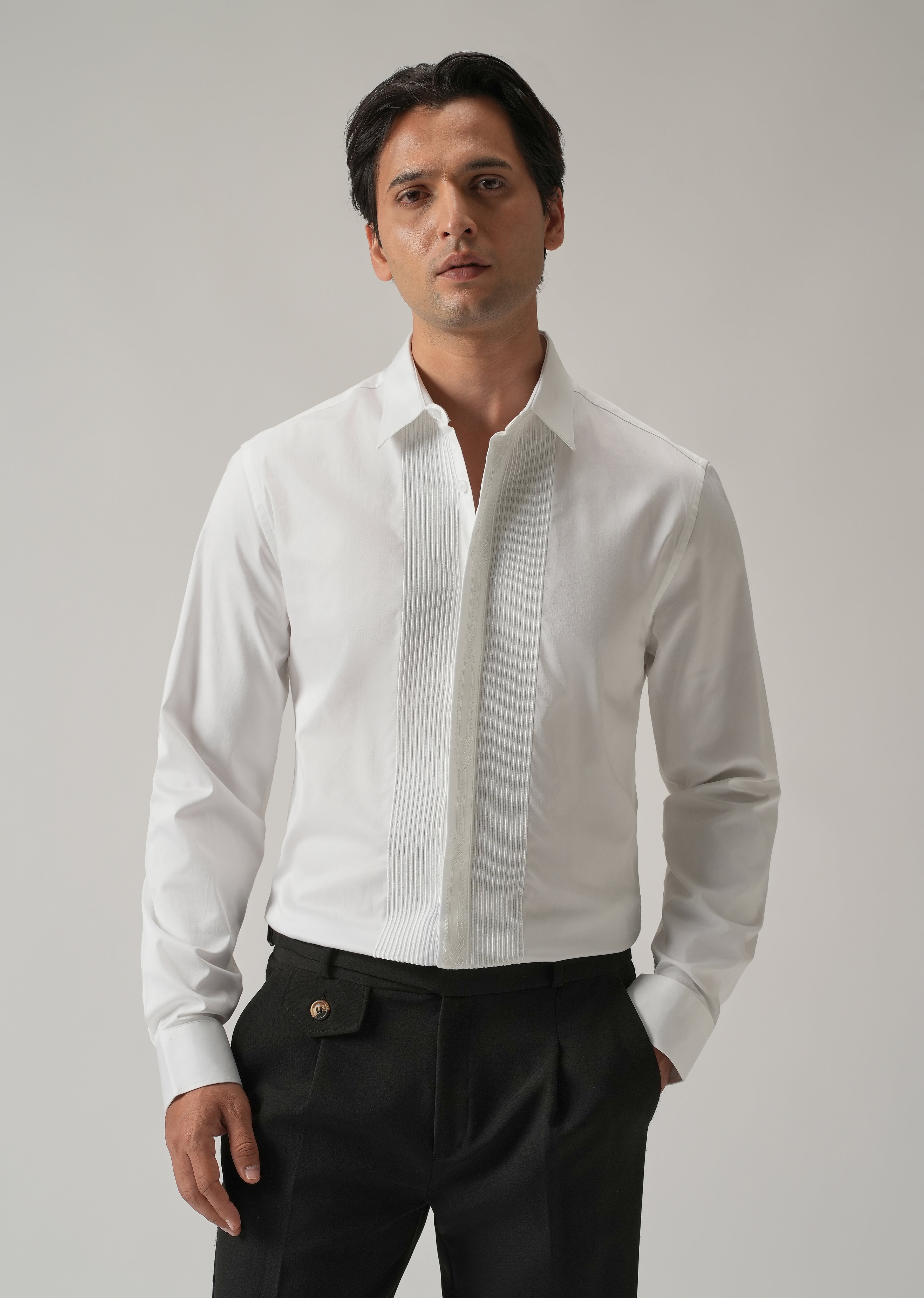 Embroidered Panel White Designer Shirt