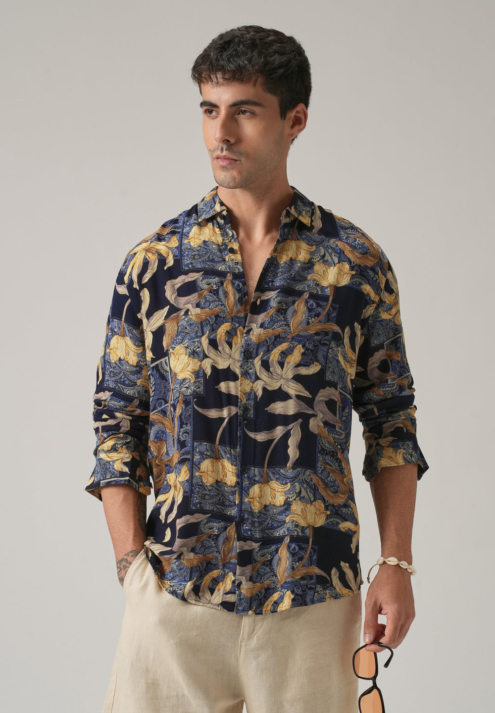 Blue Exotic Lily Print Feather Shirt
