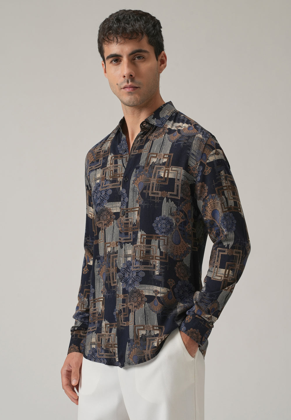 Blue Flora Grid Print Feather Shirt