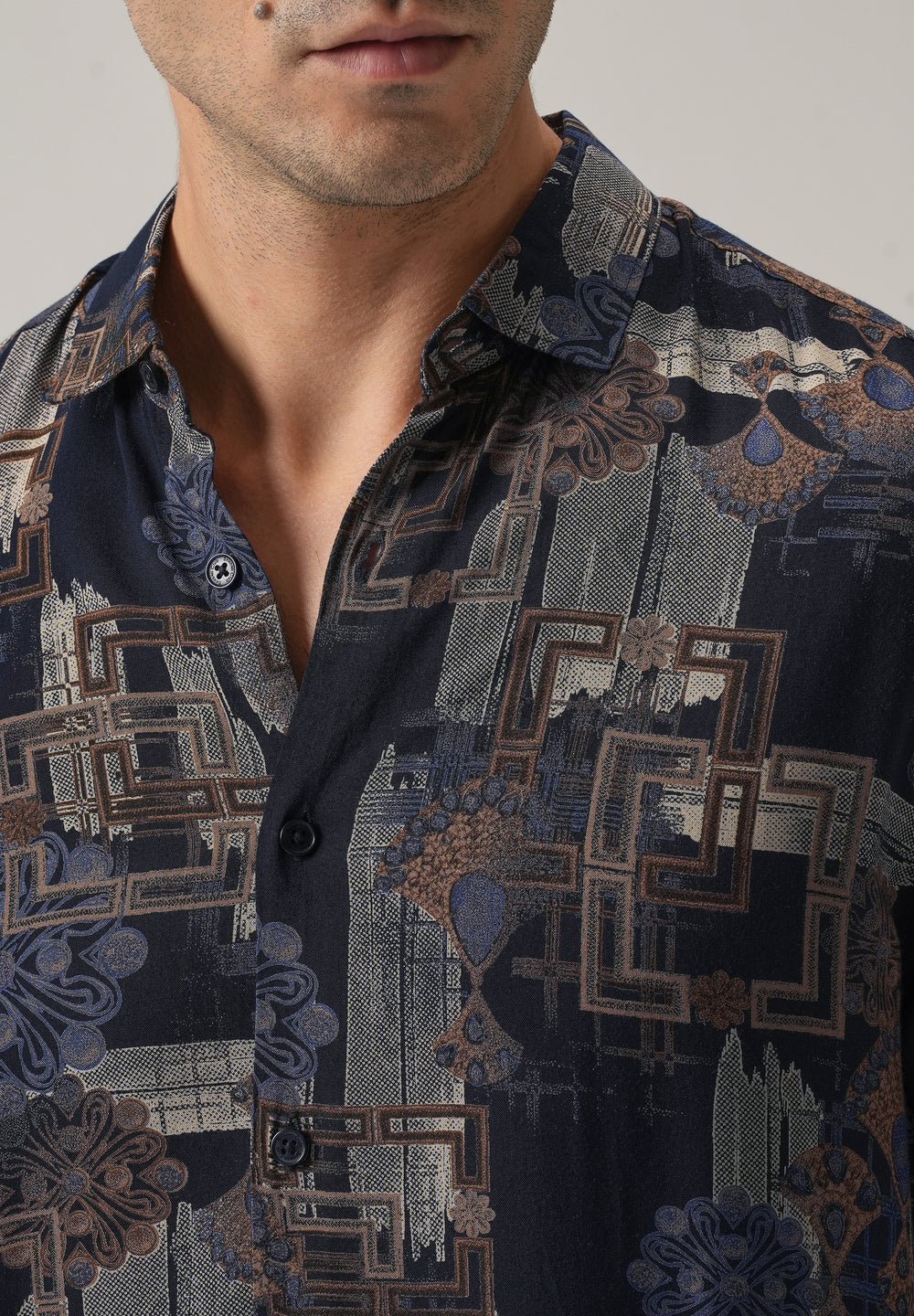Blue Flora Grid Print Feather Shirt