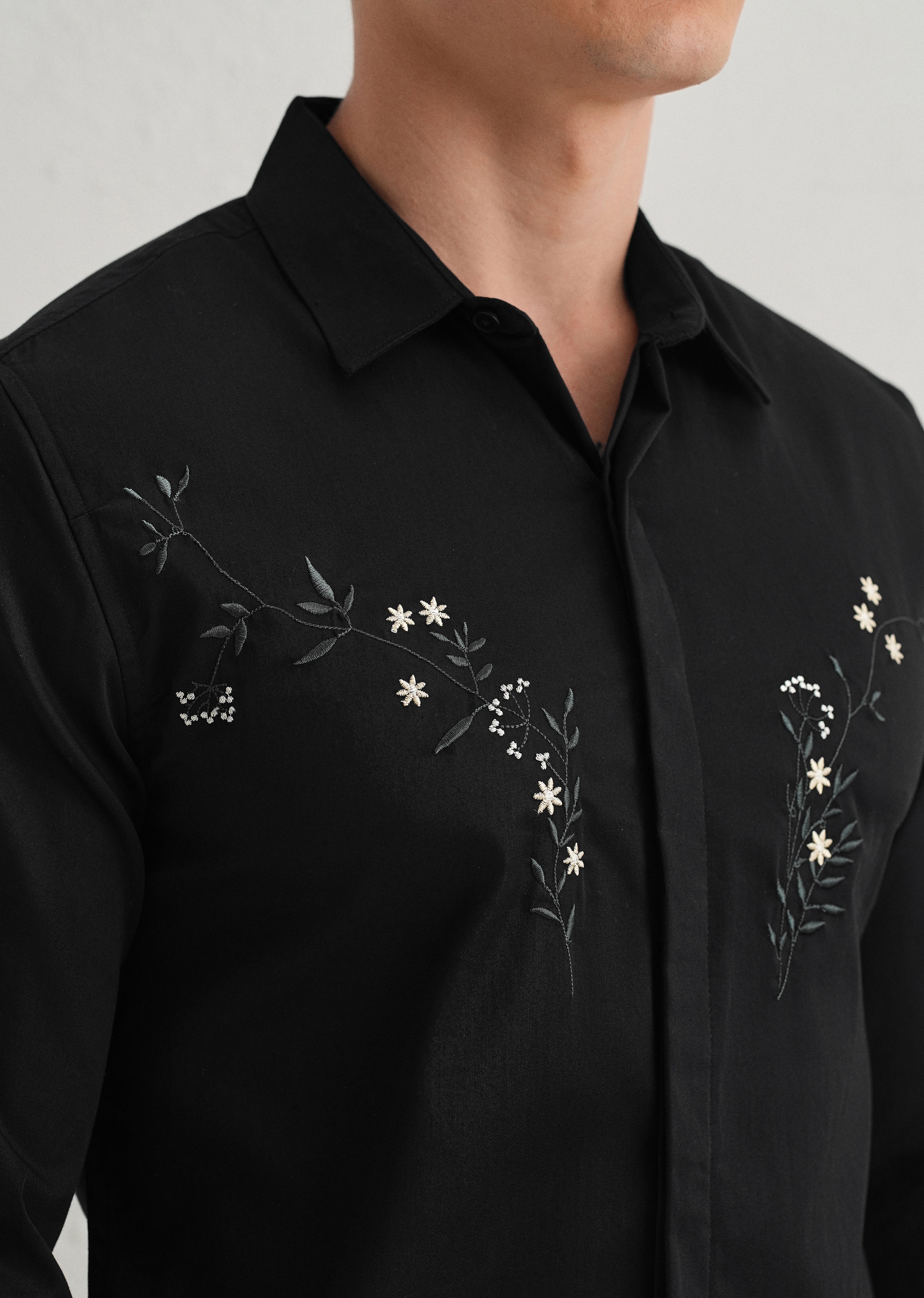 Floral Embroidered Black Designer Shirt