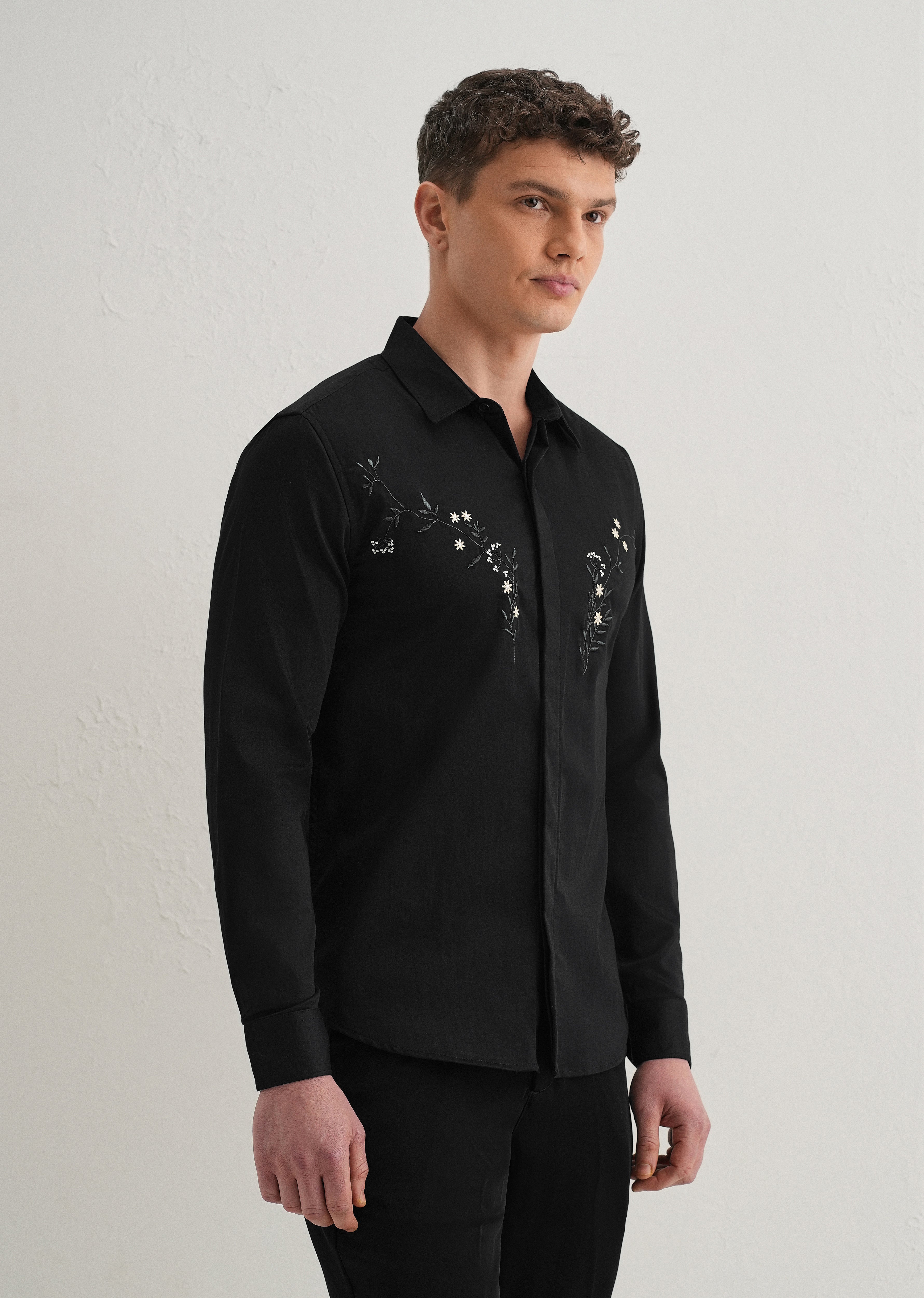 Floral Embroidered Black Designer Shirt