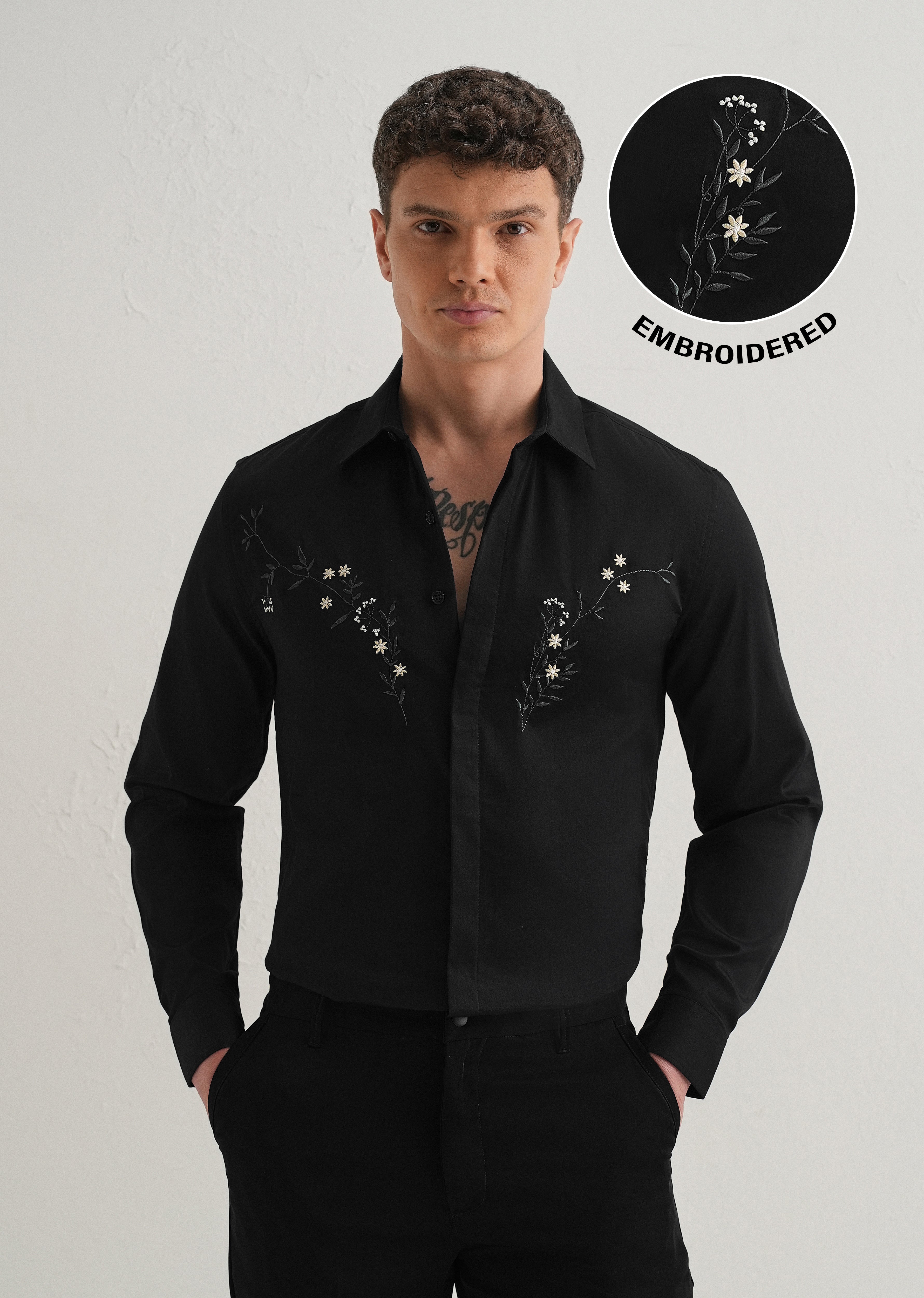 Floral Embroidered Black Designer Shirt