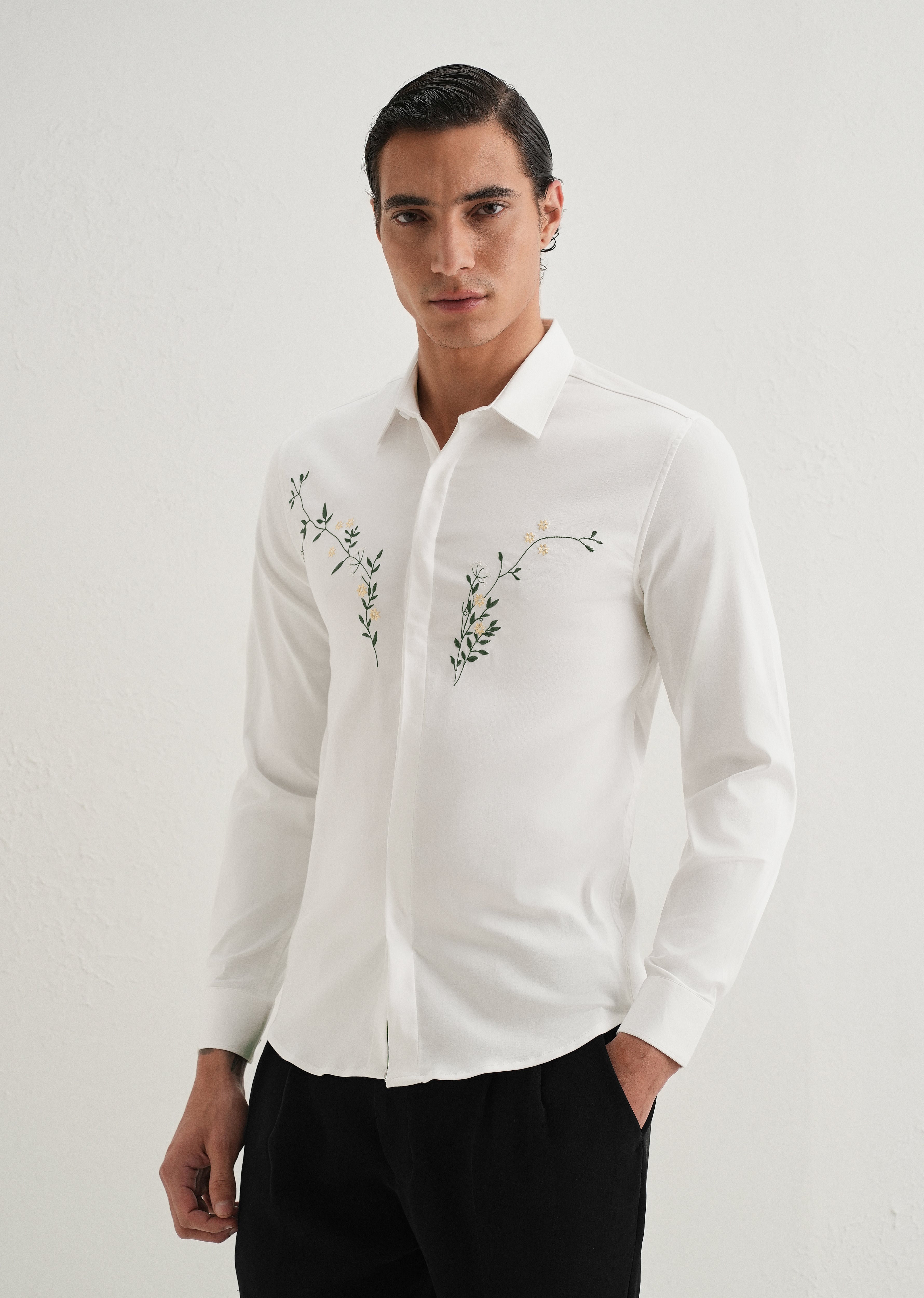 Floral Embroidered White Designer Shirt
