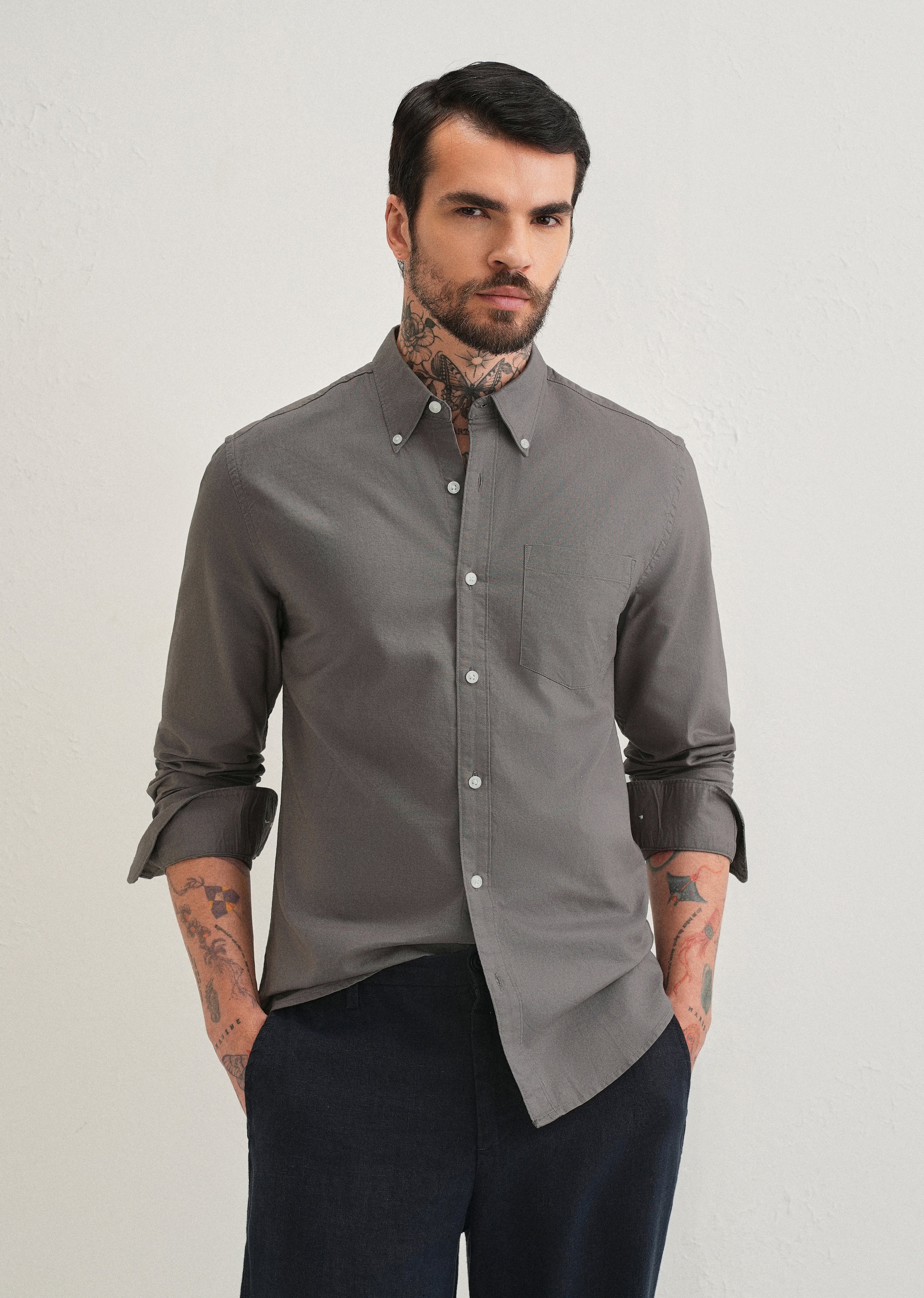 Fossil Grey Plain Cotton Oxford Shirt