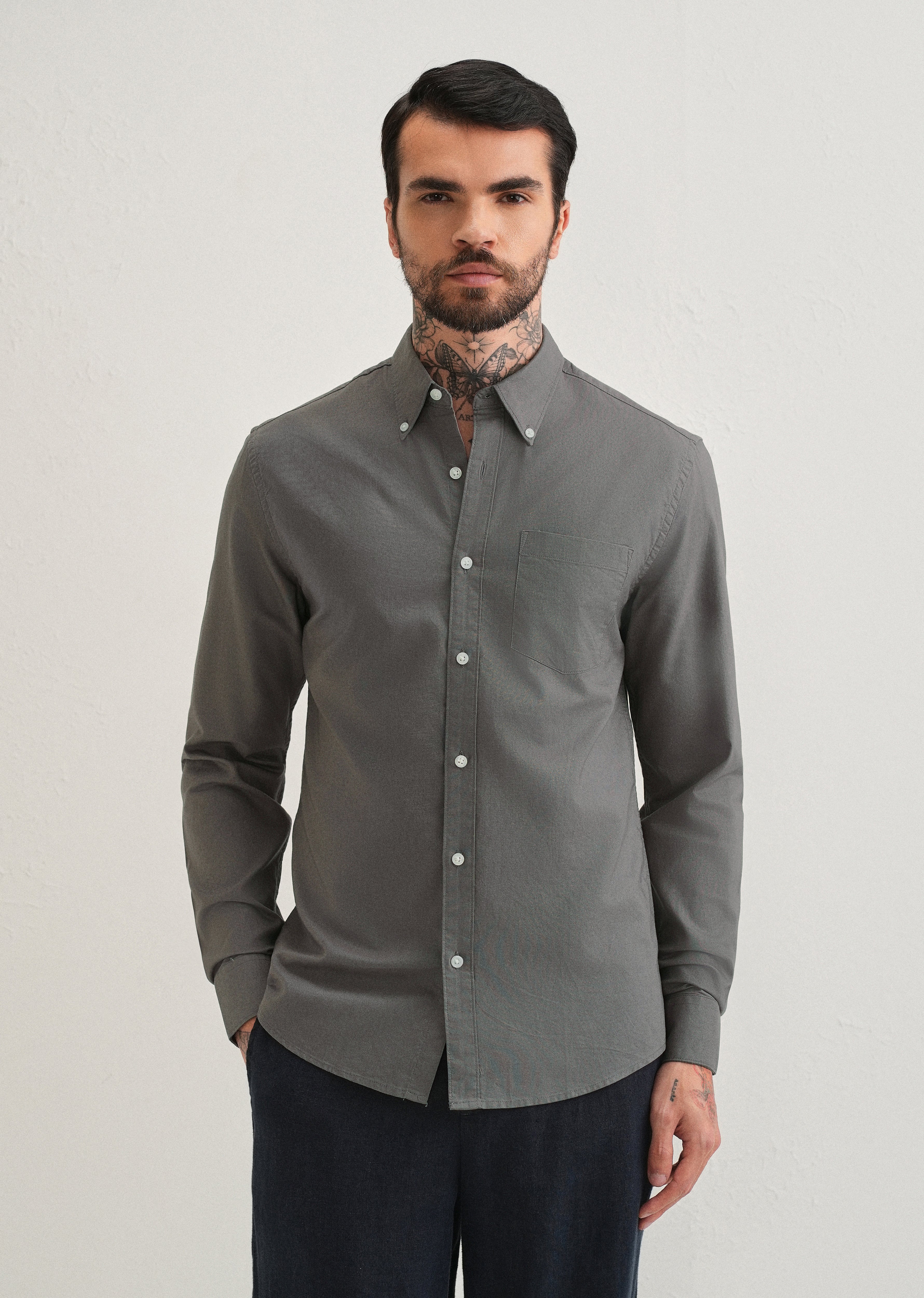 Fossil Grey Plain Cotton Oxford Shirt