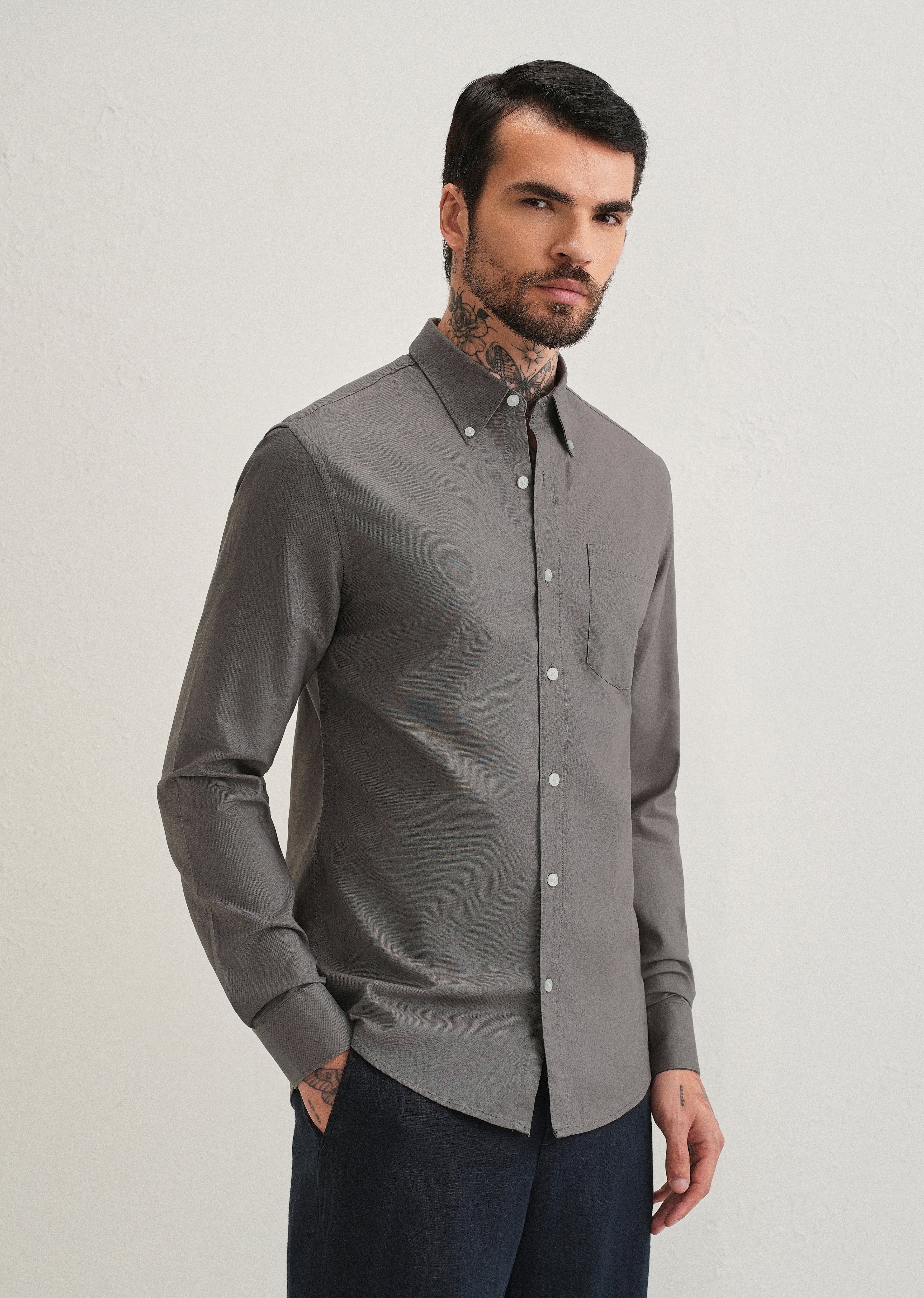 Fossil Grey Plain Cotton Oxford Shirt
