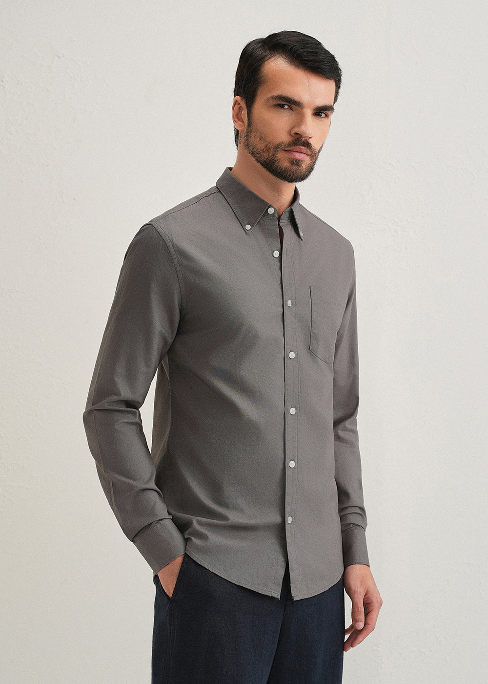 Fossil Grey Plain Cotton Oxford Shirt