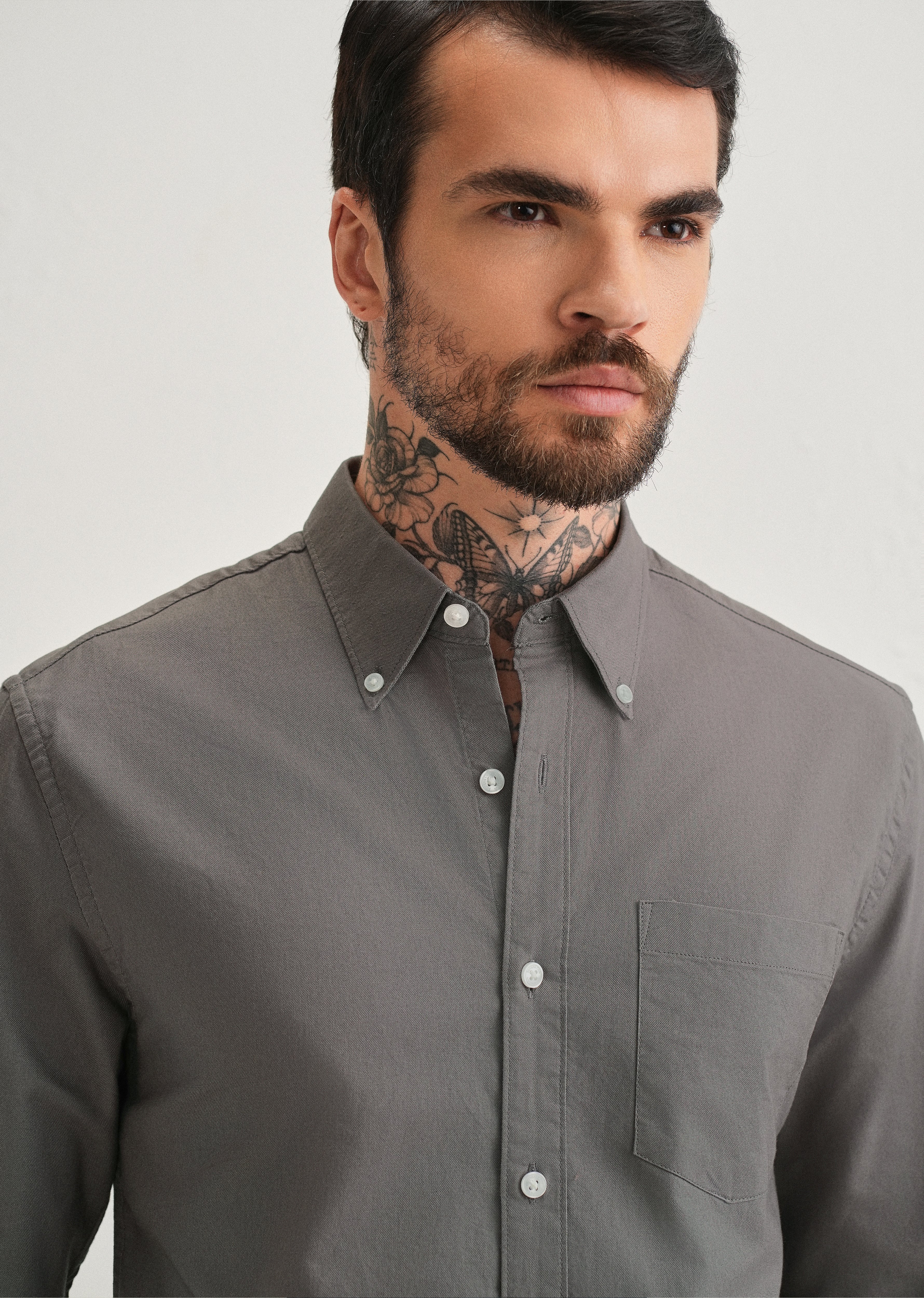 Fossil Grey Plain Cotton Oxford Shirt