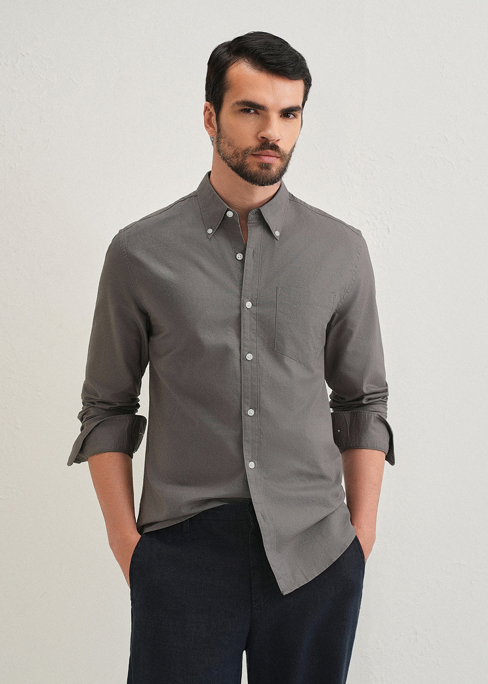 Fossil Grey Plain Cotton Oxford Shirt