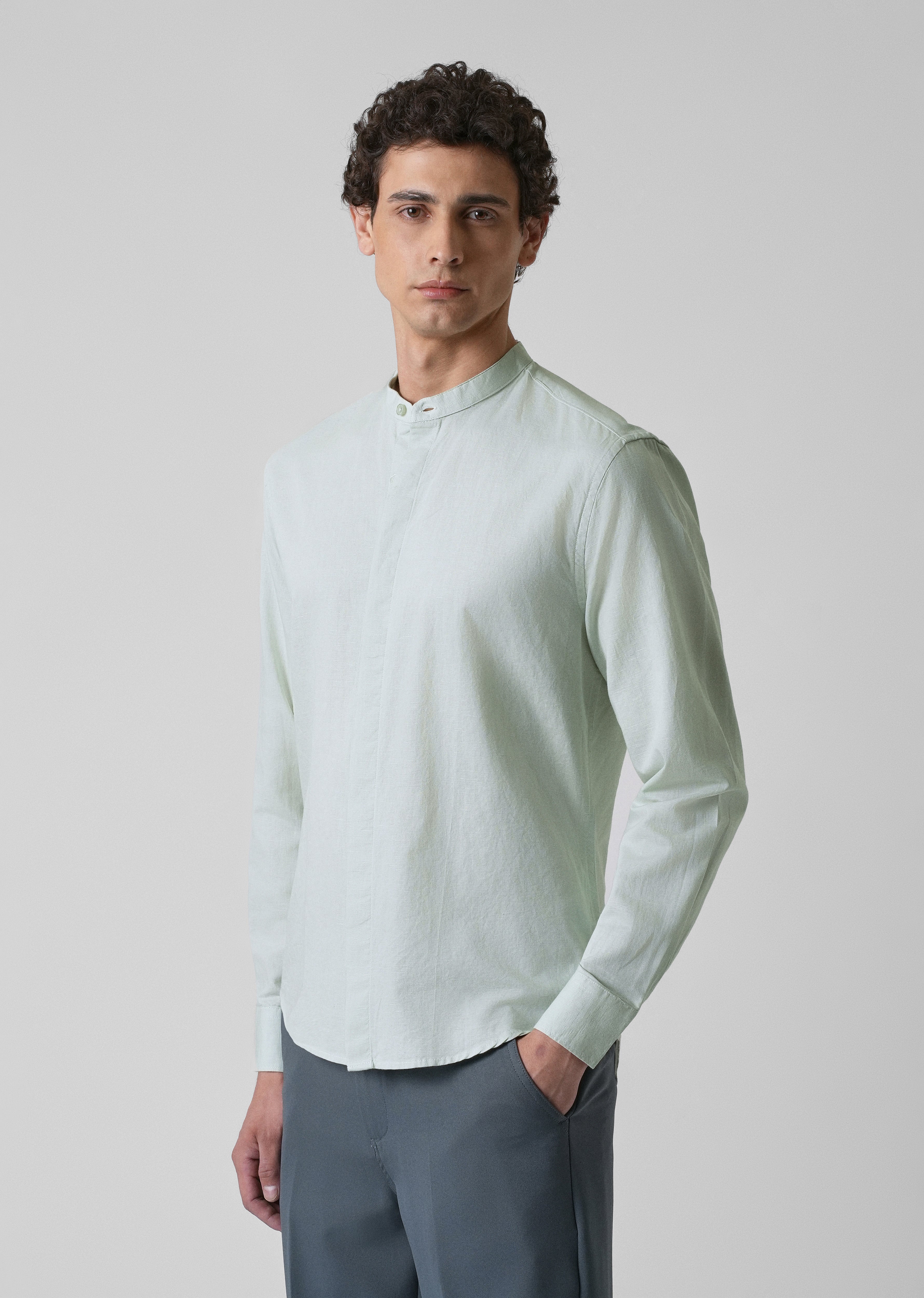 French Mist Green Cotton Linen Shirt