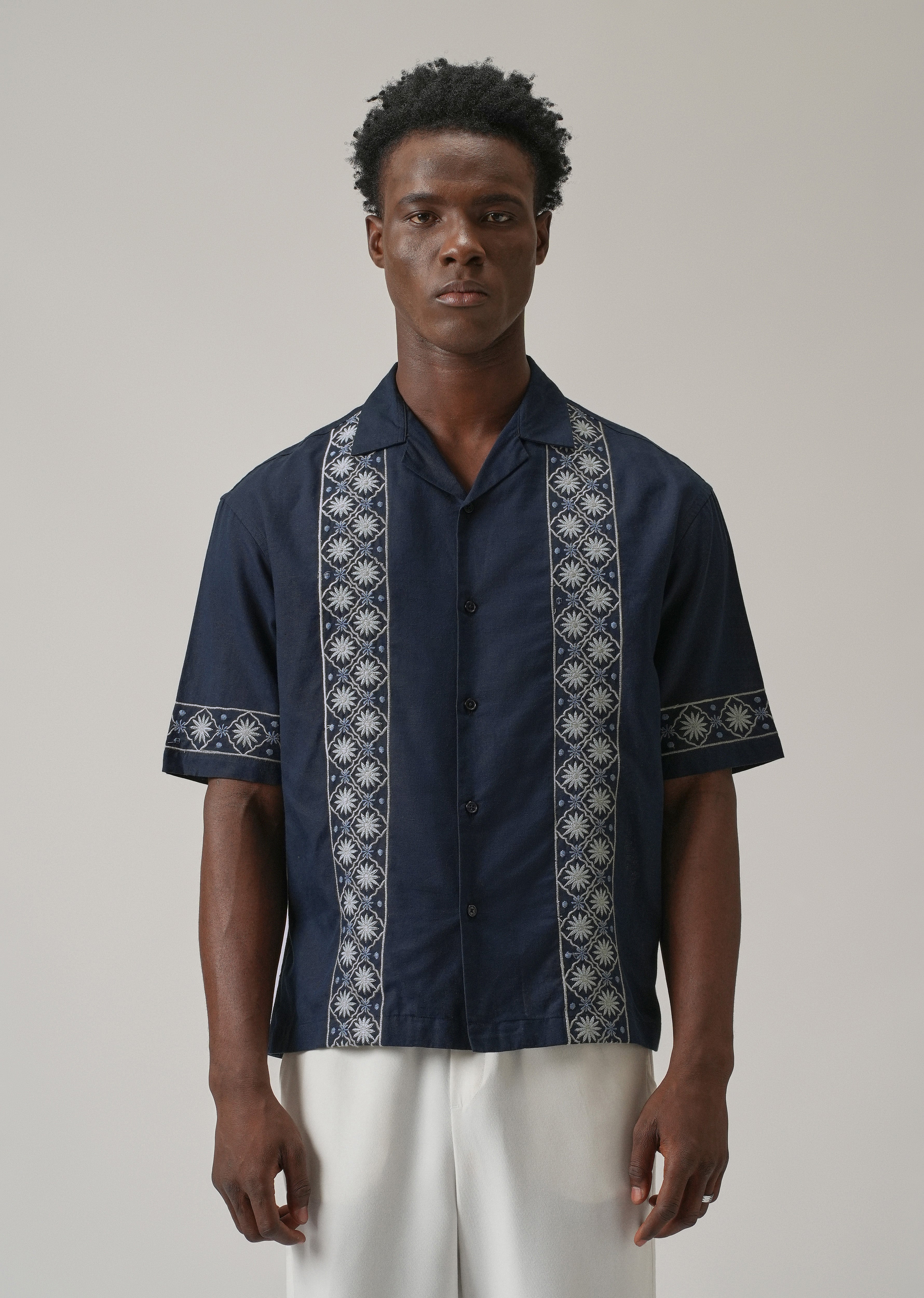 Geometric Embroidery Linen Shirt