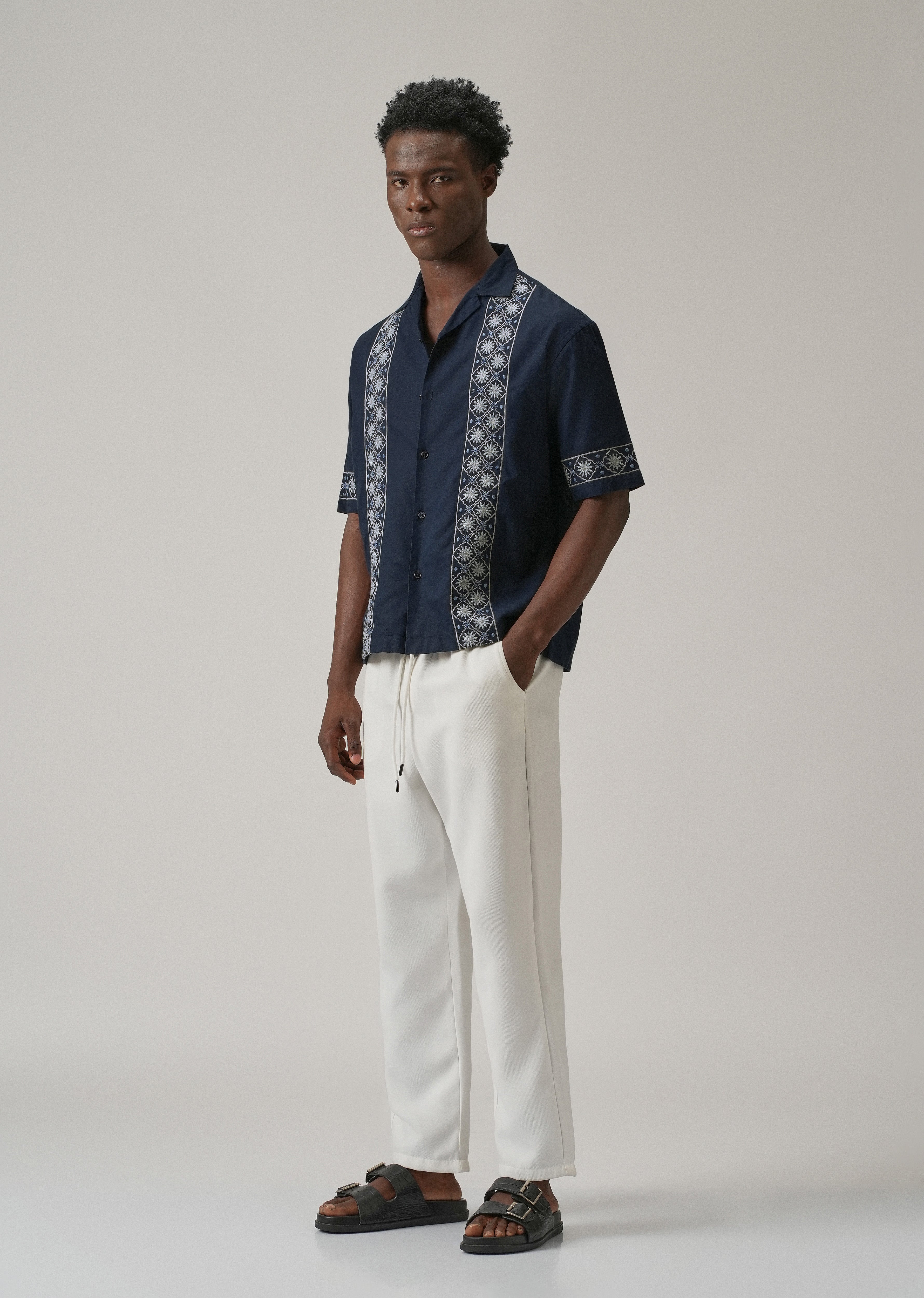 Geometric Embroidery Linen Shirt
