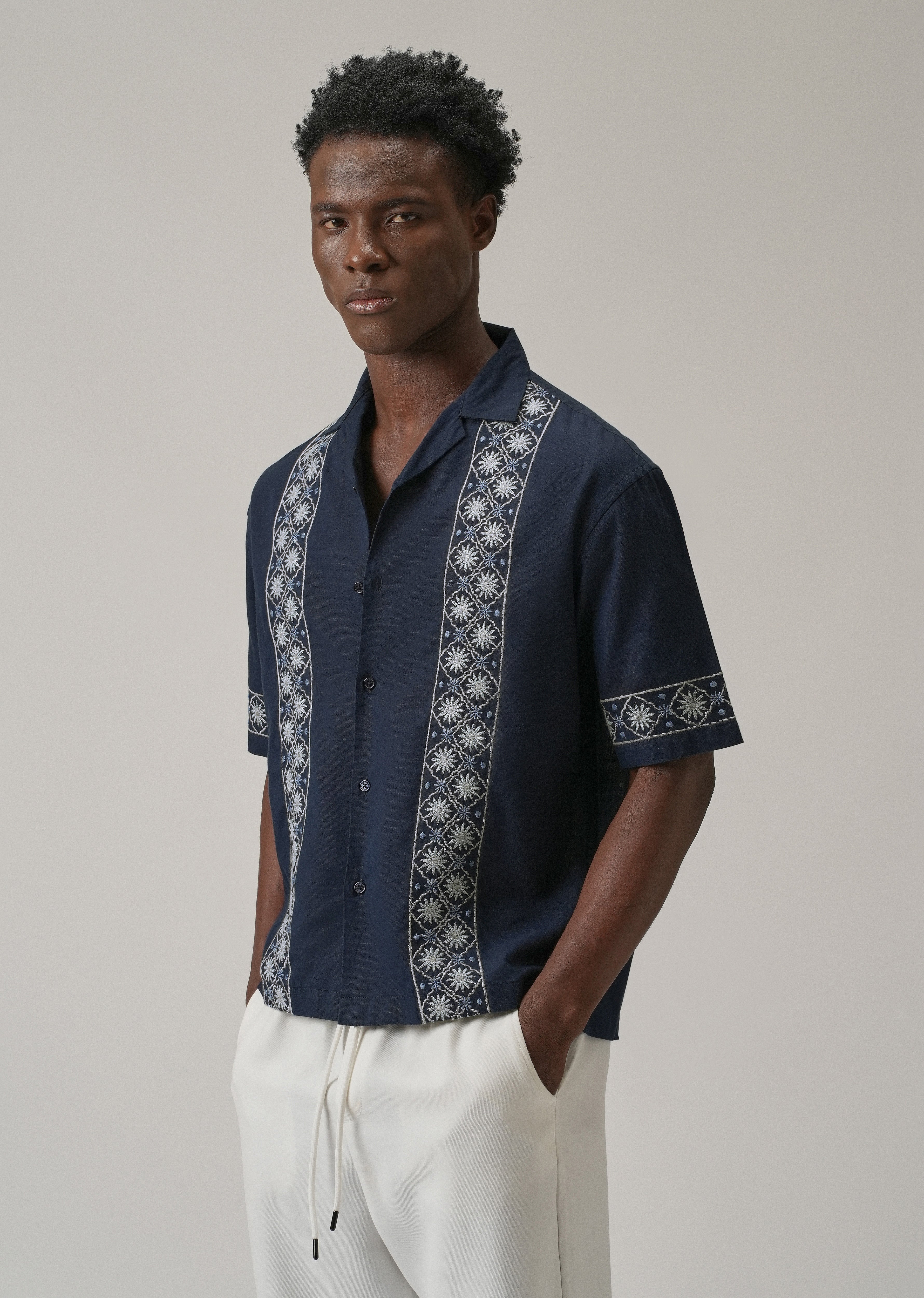Geometric Embroidery Linen Shirt