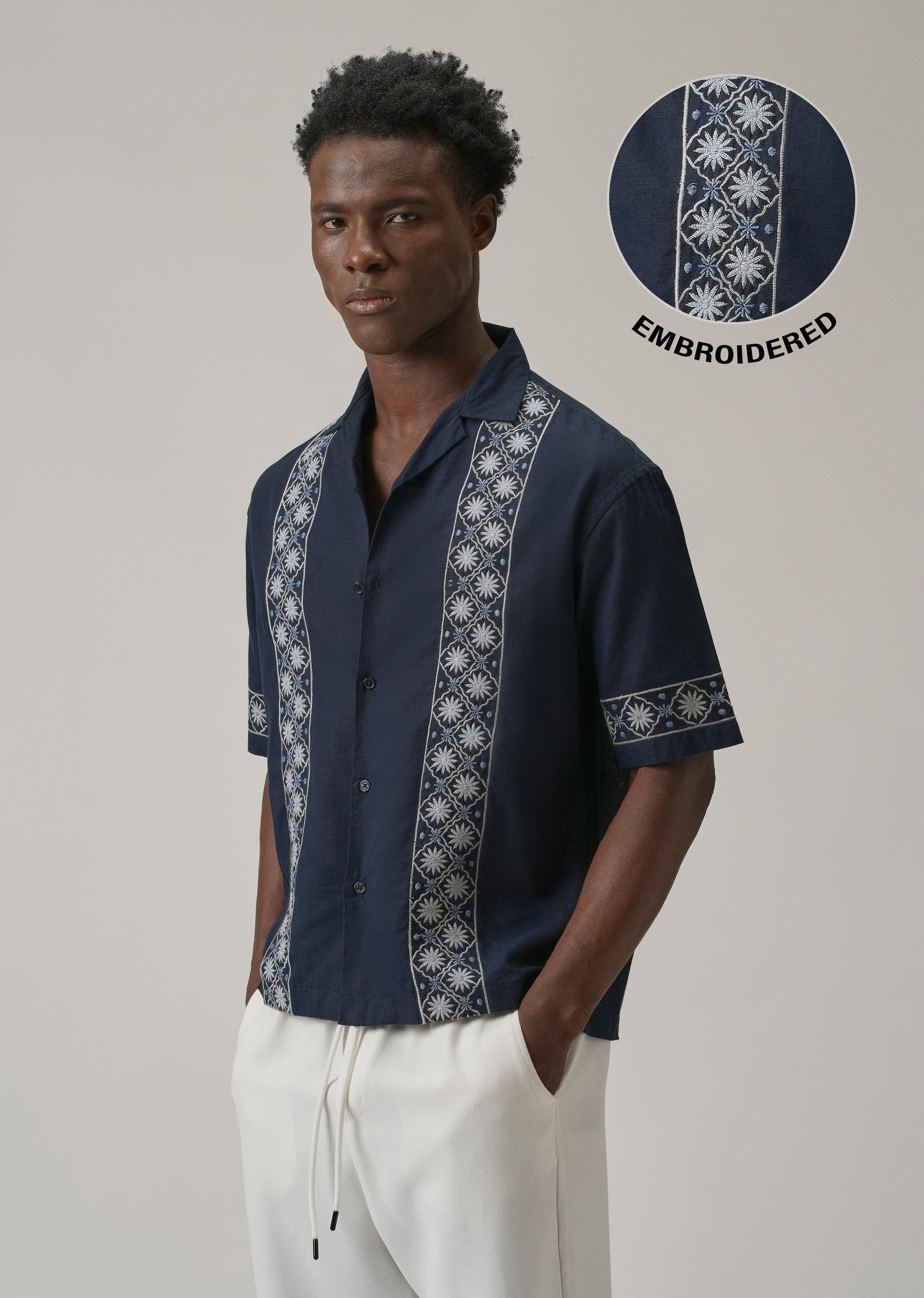 Geometric Embroidery Linen Shirt