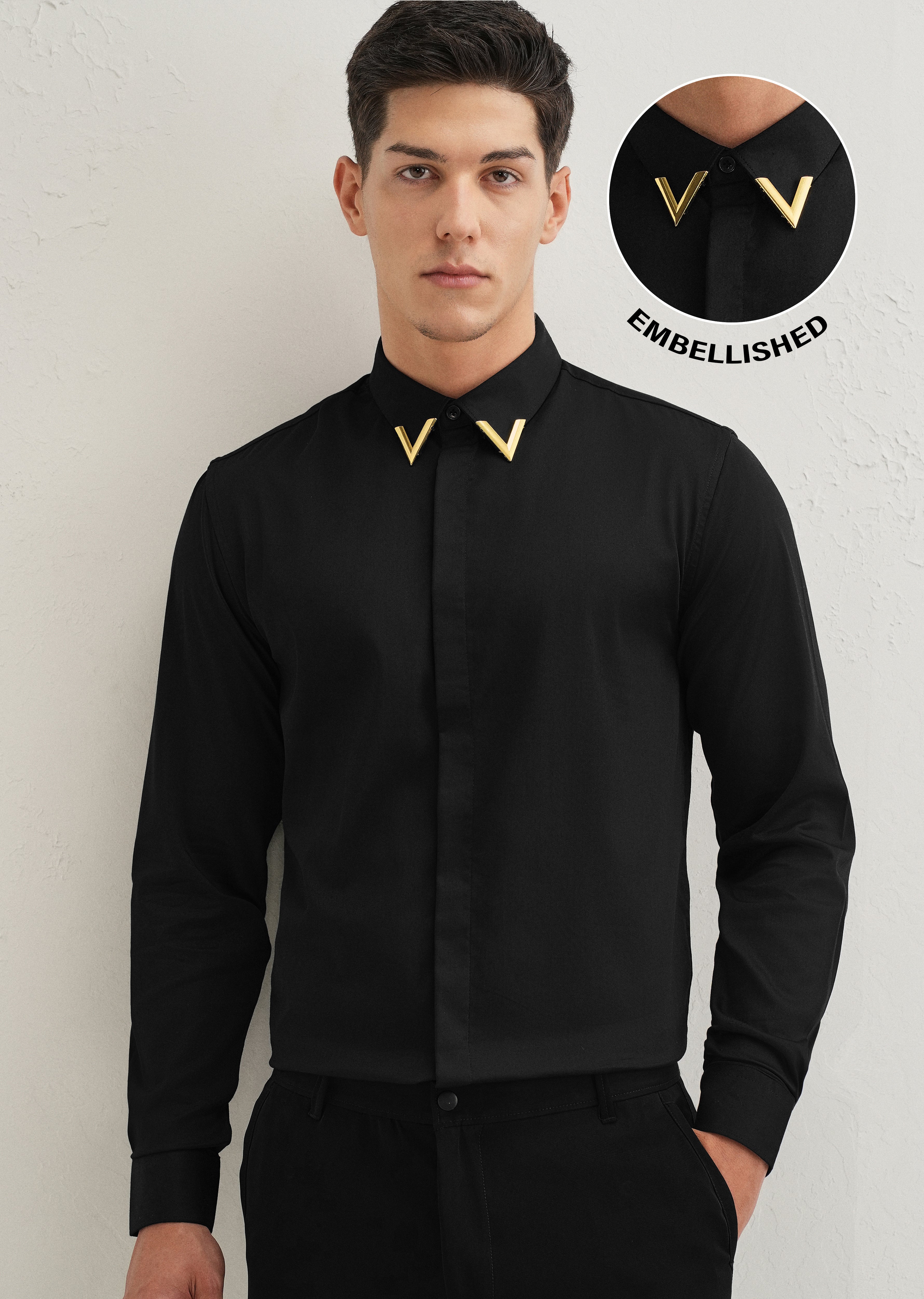 Gold-Tipped Collar Black Designer Shirt