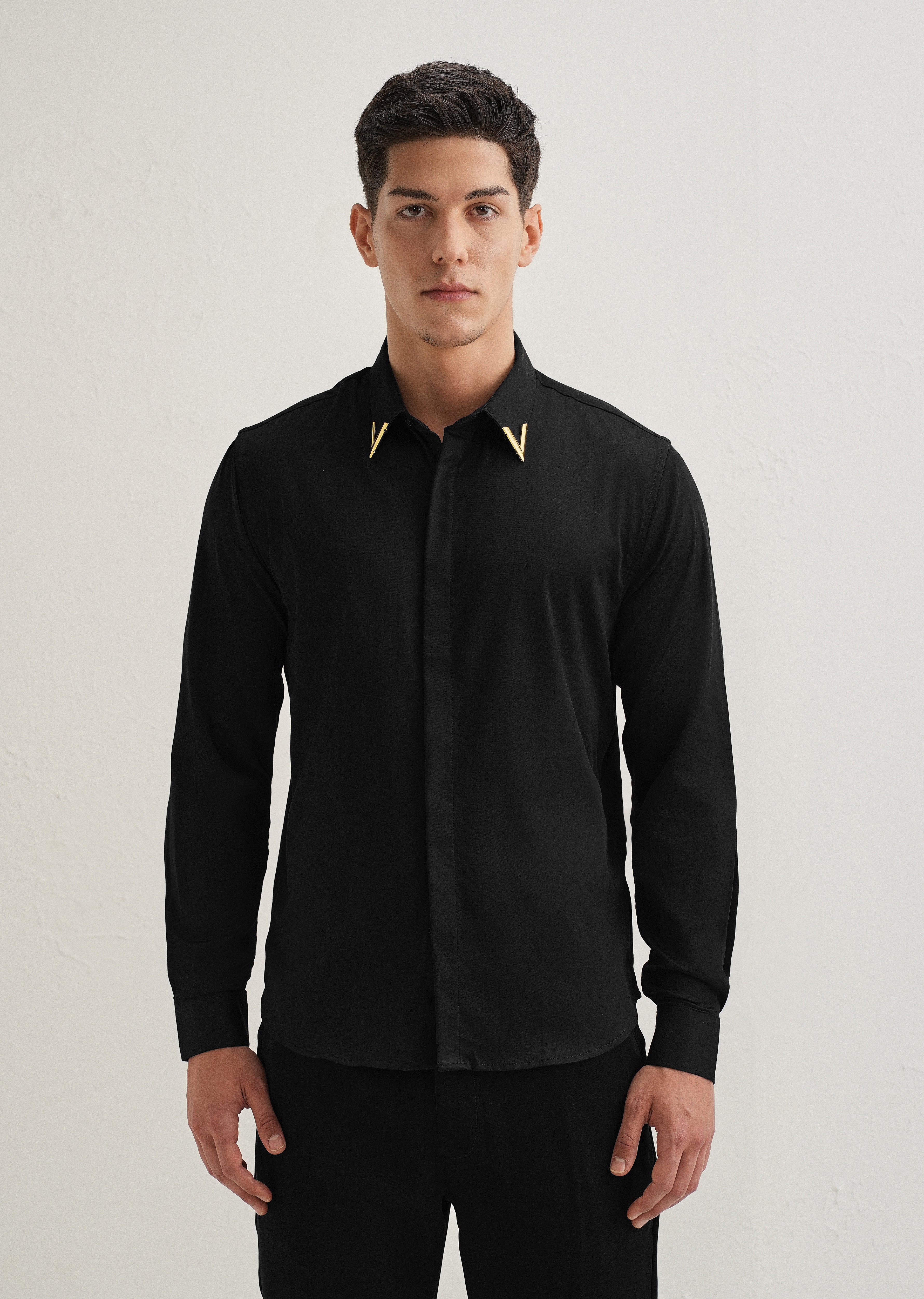 Gold-Tipped Collar Black Designer Shirt