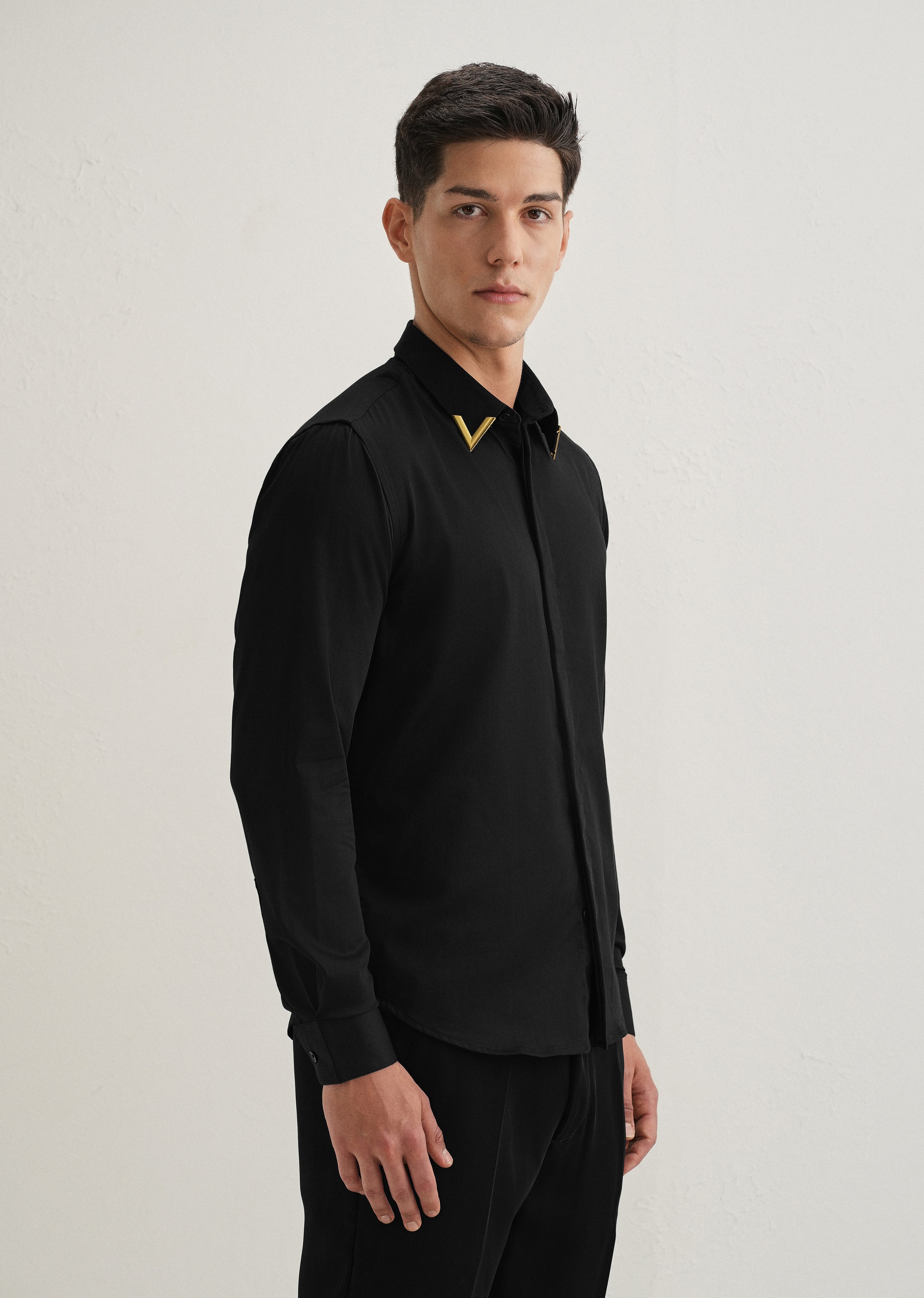 Gold-Tipped Collar Black Designer Shirt