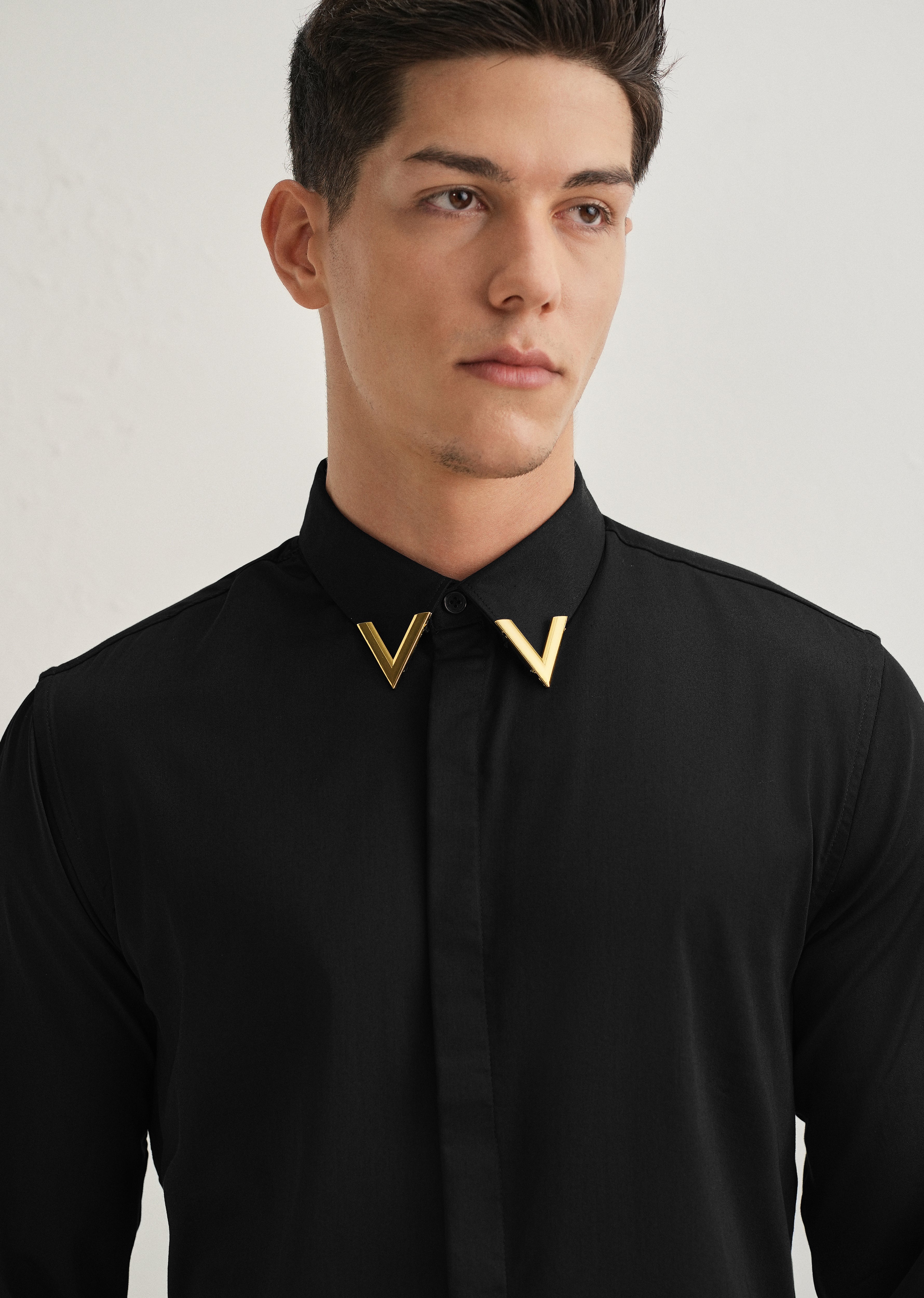 Gold-Tipped Collar Black Designer Shirt
