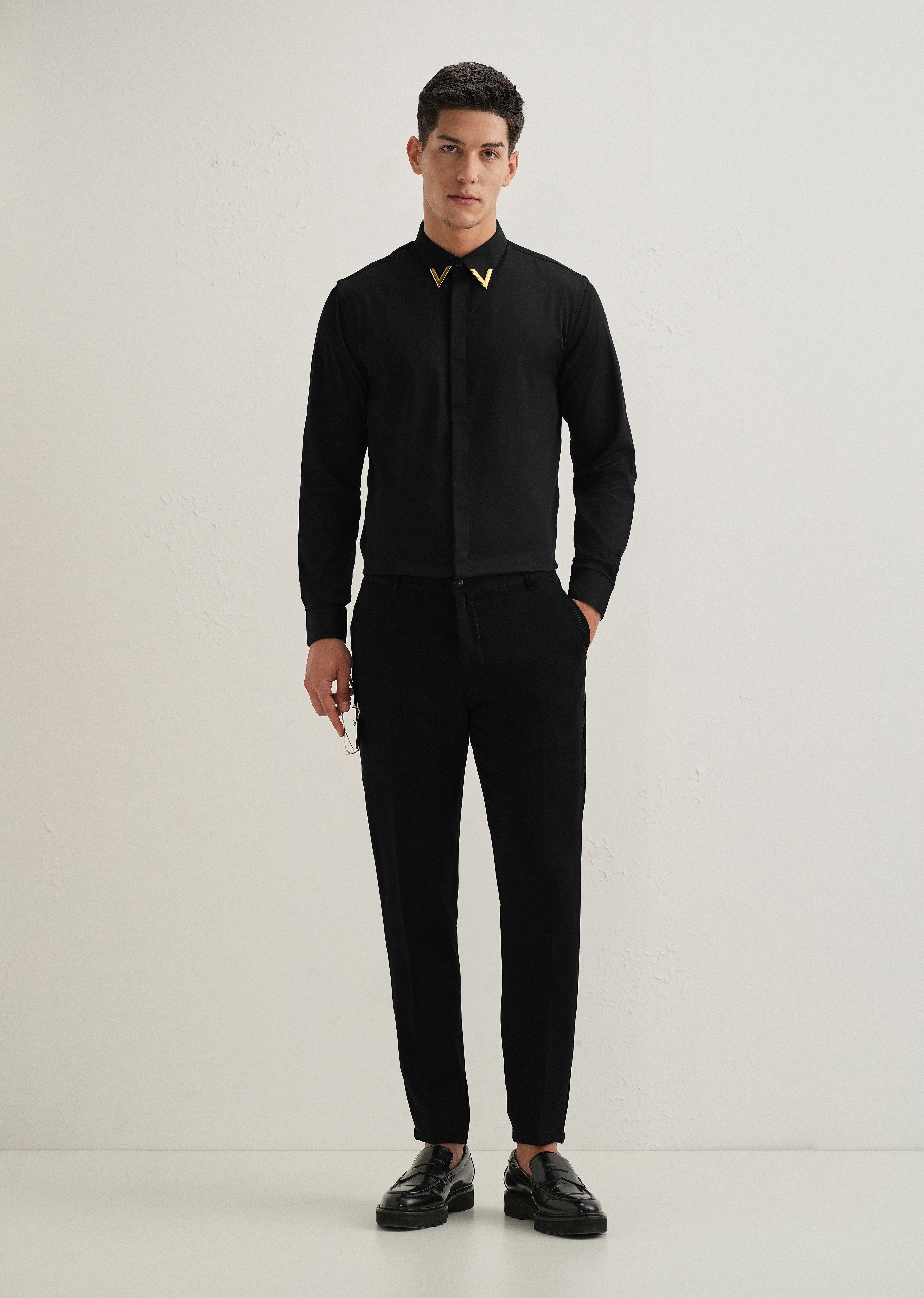 Gold-Tipped Collar Black Designer Shirt