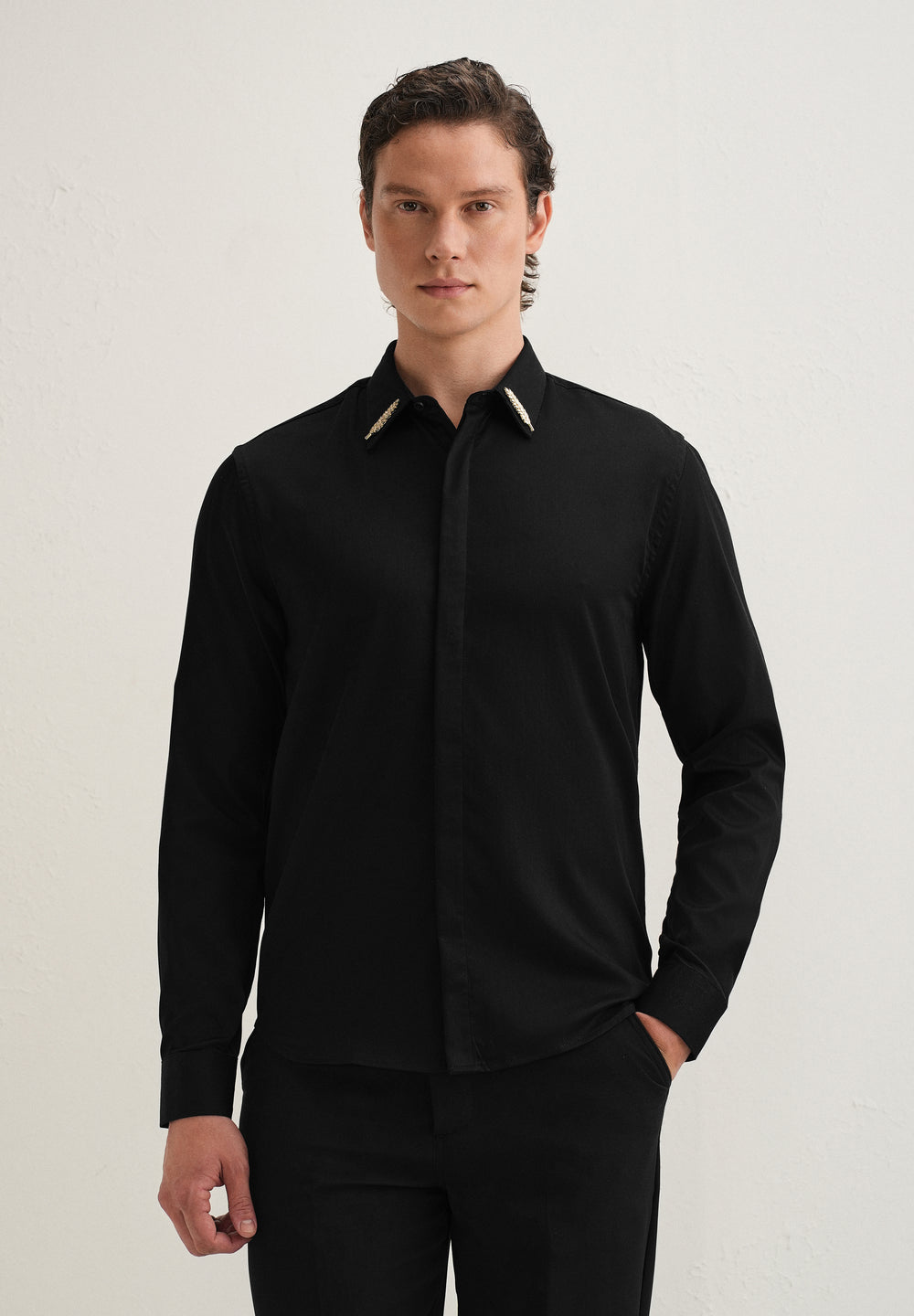 Gold Embellished Collar Tip Black Designer Shirt