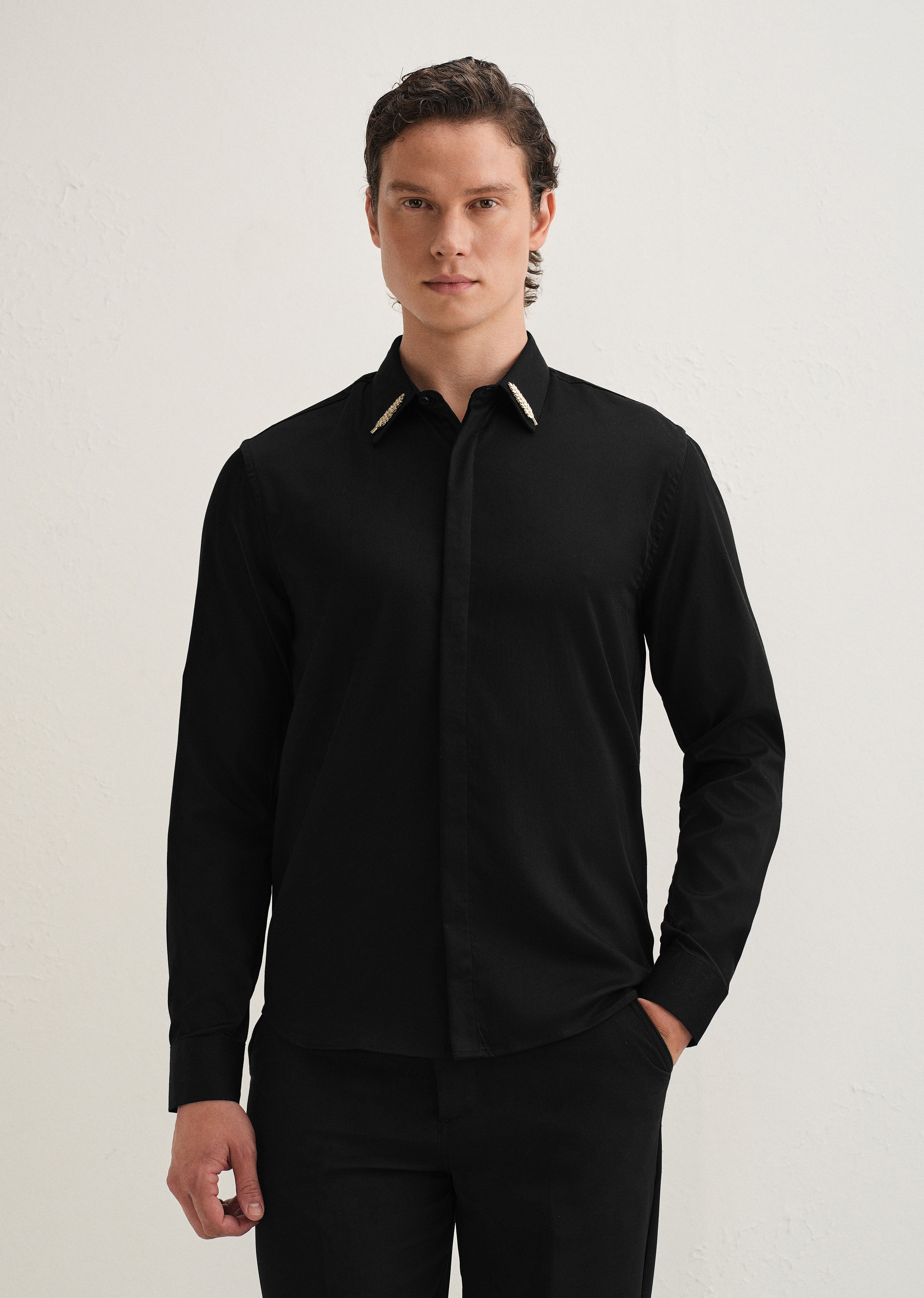 Gold Embellished Collar Tip Black Designer Shirt