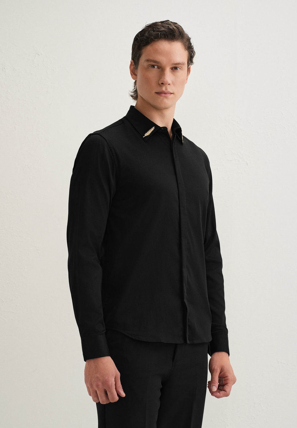 Gold Embellished Collar Tip Black Designer Shirt