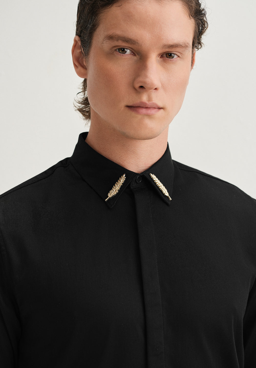 Gold Embellished Collar Tip Black Designer Shirt