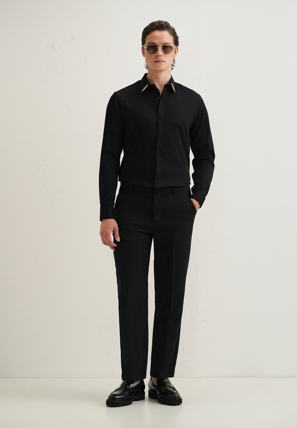 Gold Embellished Collar Tip Black Designer Shirt