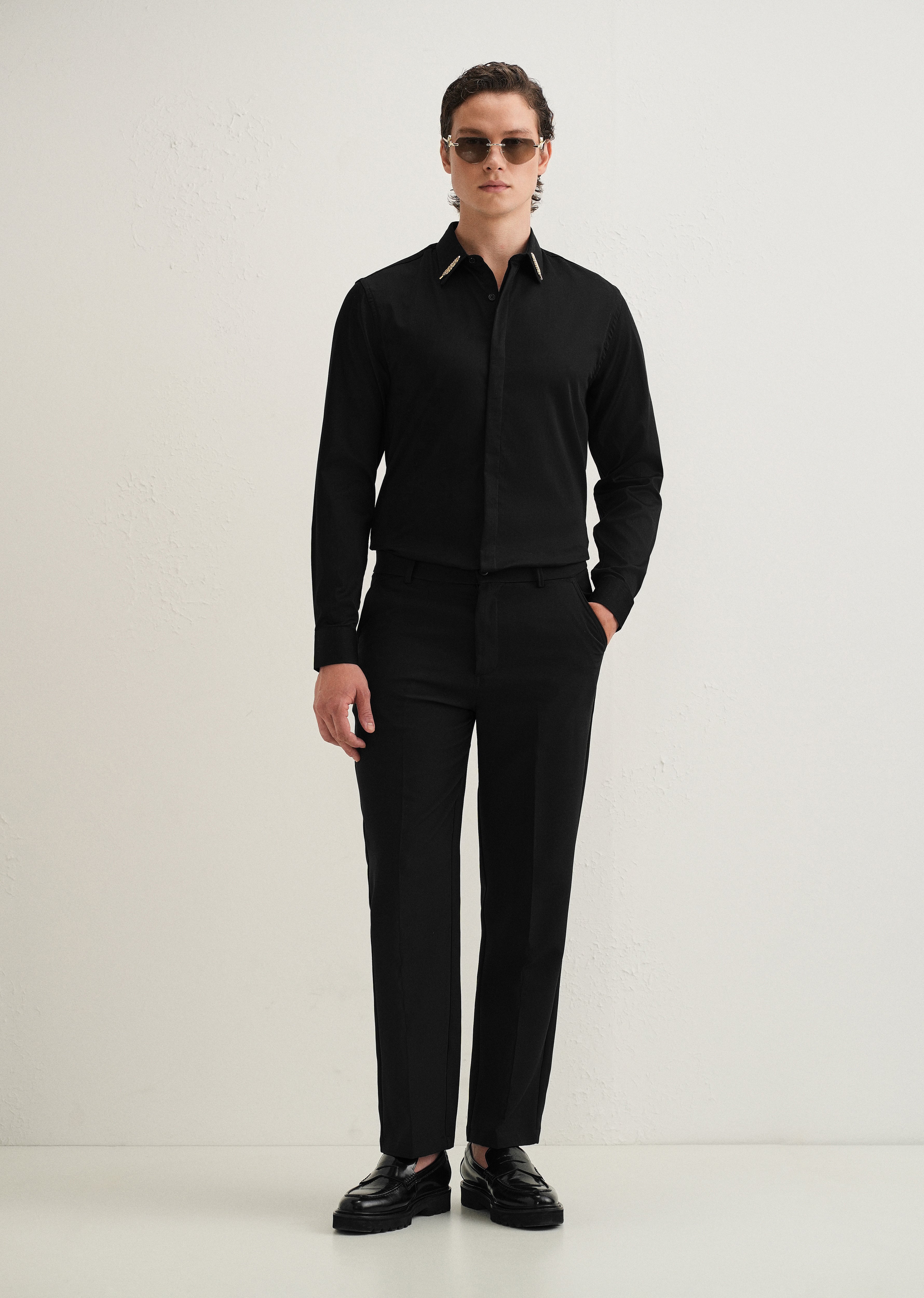 Gold Embellished Collar Tip Black Designer Shirt