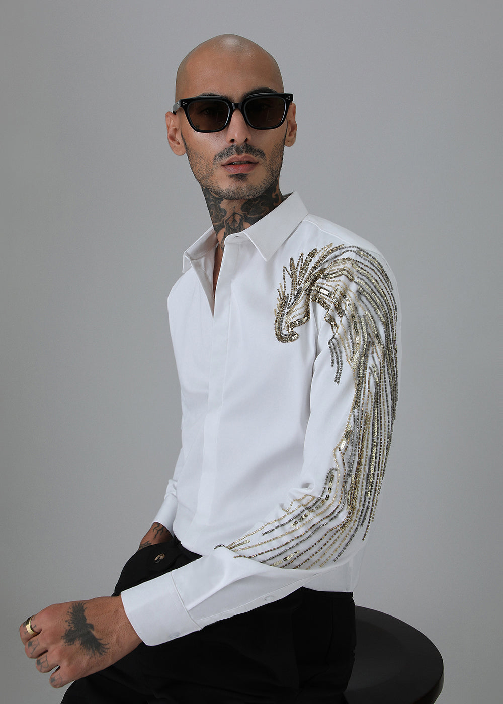 Gold Eagle White Embellished Designer Shirt Gold Eagle White Embellished Designer Shirt
