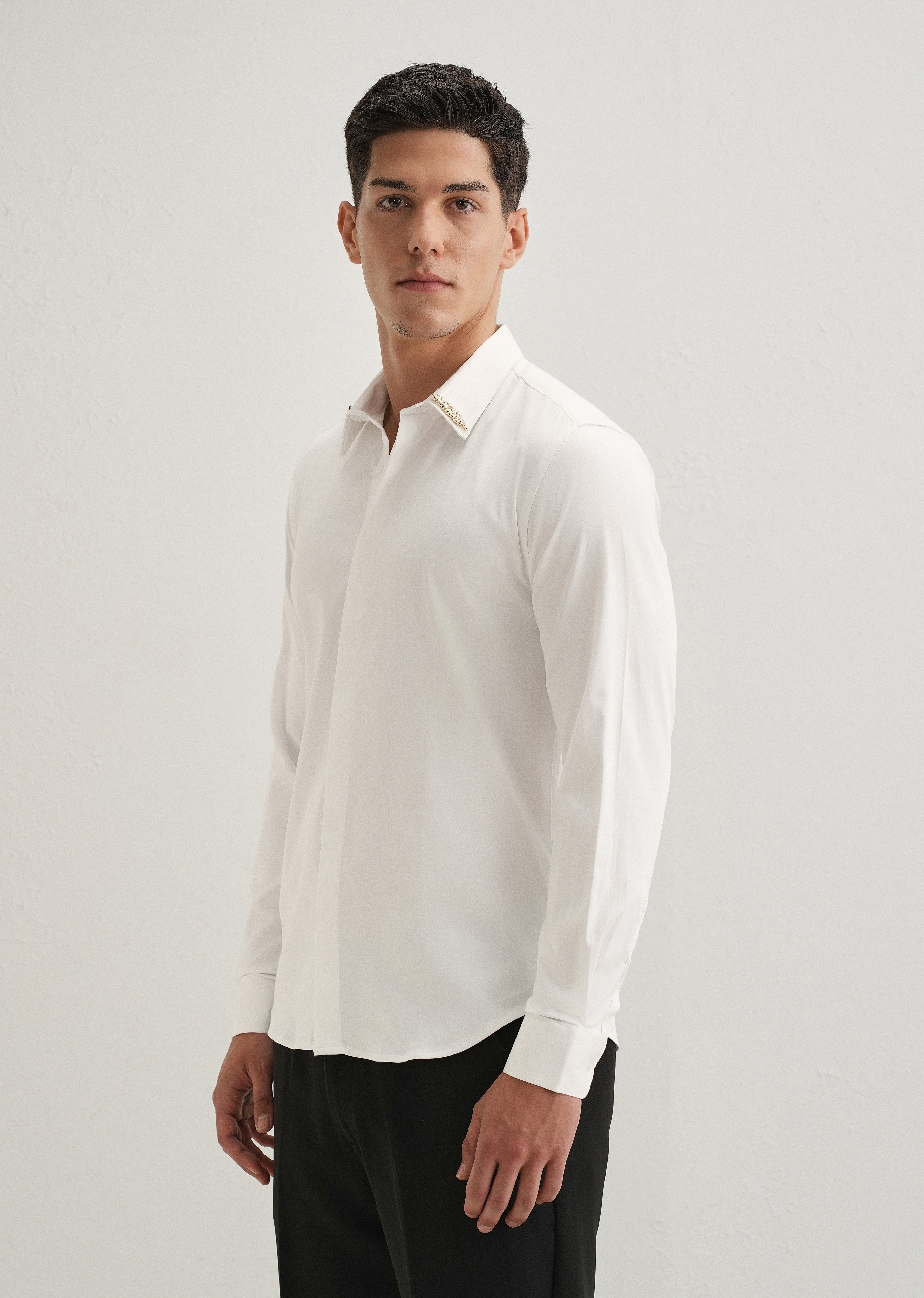 Gold Embellished Collar White Designer Shirt