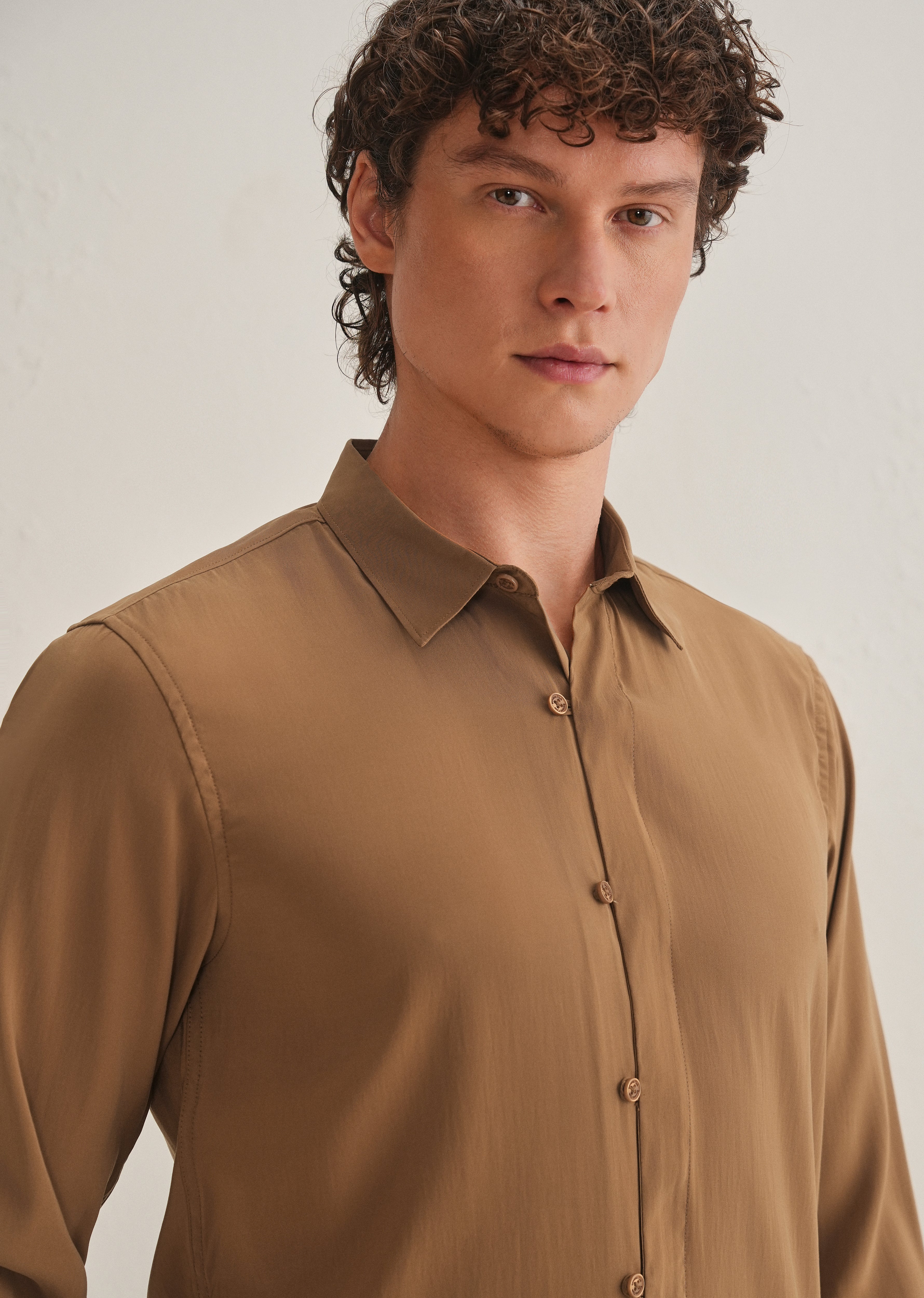Golden Brown Loop Button-Down Plain Shirt