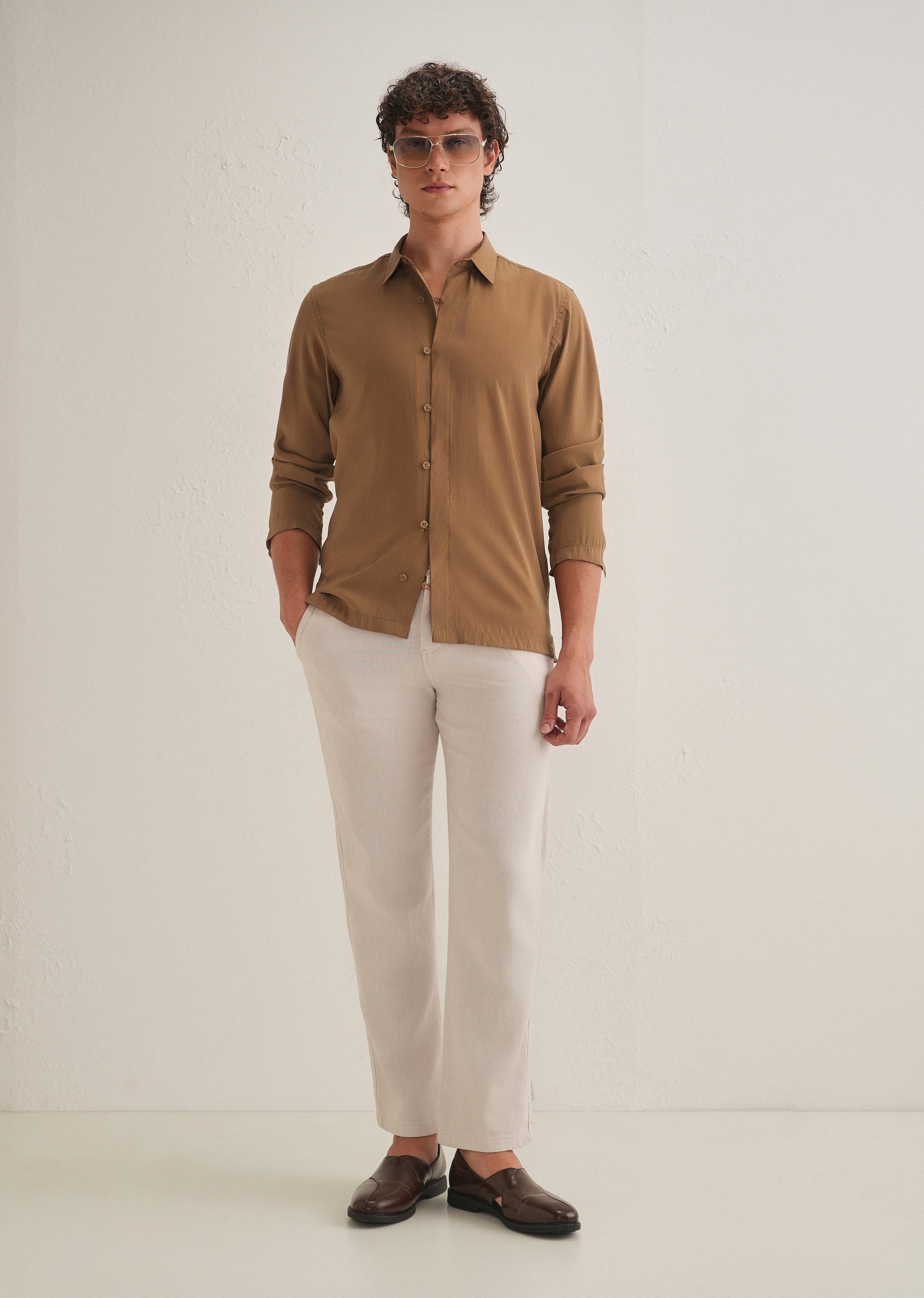 Golden Brown Loop Button-Down Plain Shirt
