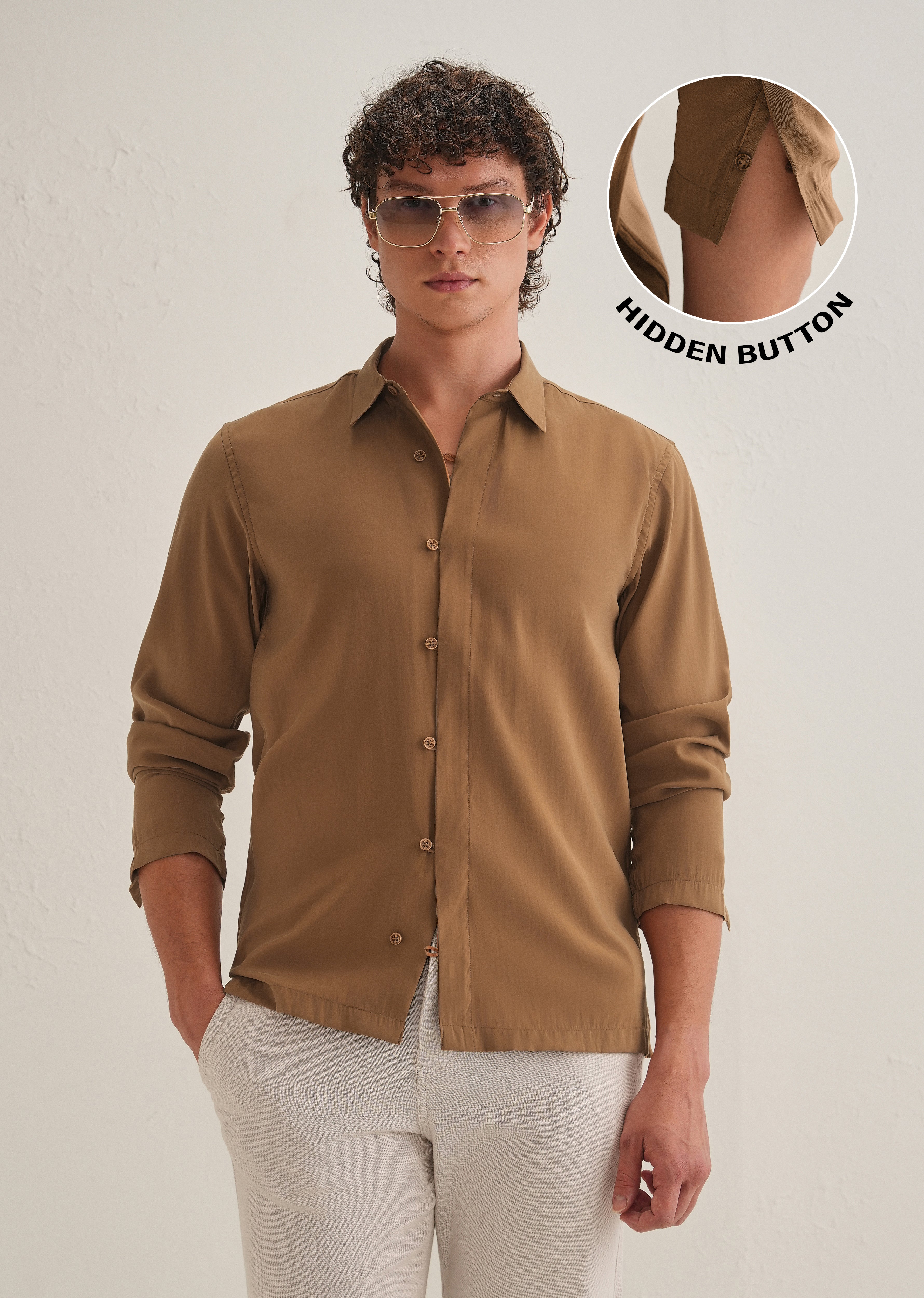 Golden Brown Loop Button-Down Plain Shirt